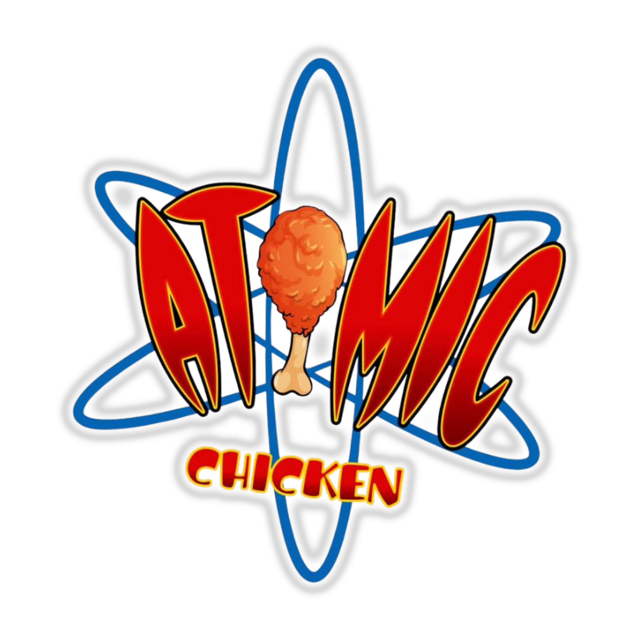 Atomic Chicken barbecue brand logo, atom and drumstick emblem, on transparent background