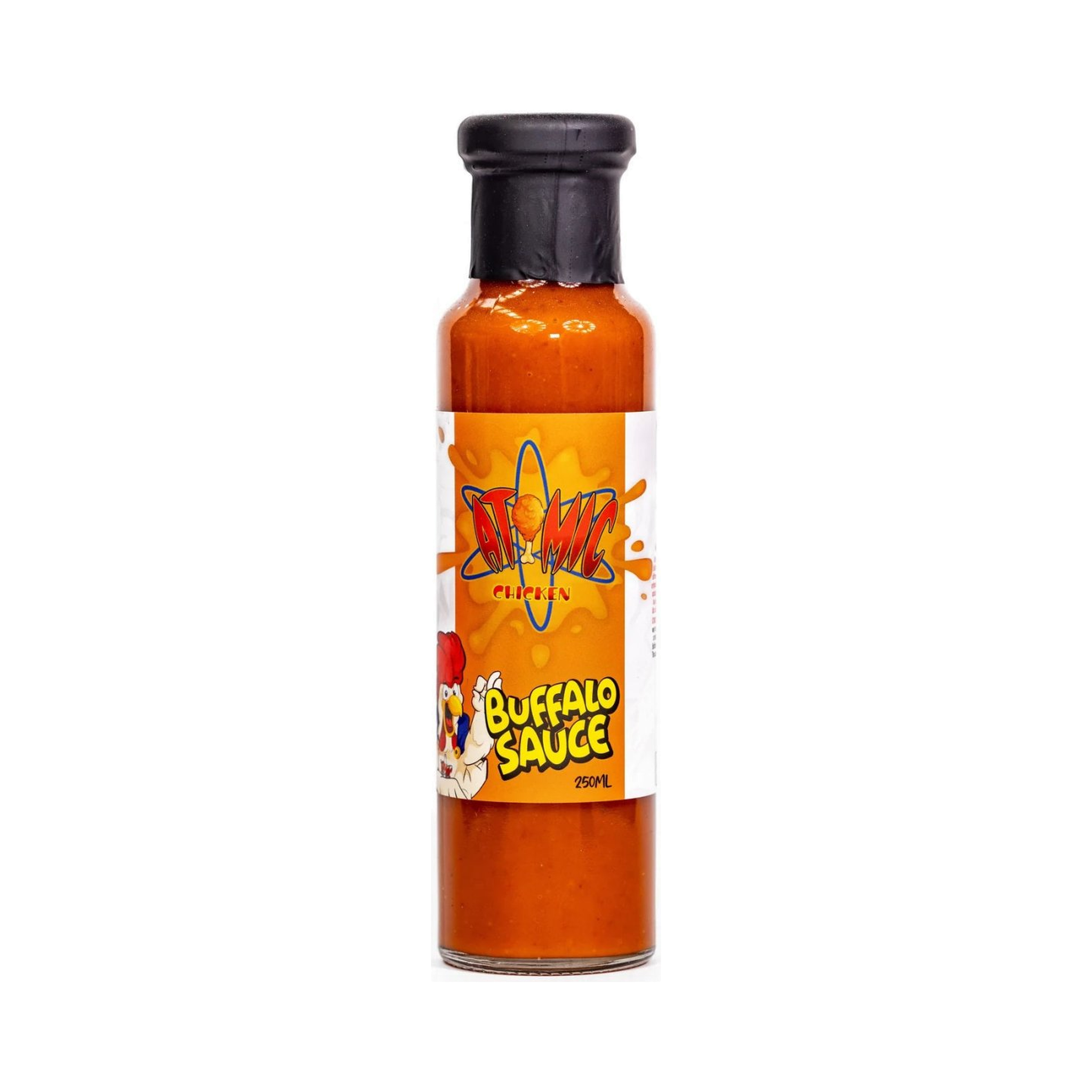 Atomic Chicken Buffalo Hot Sauce 250ml, front of bottle on transparent background