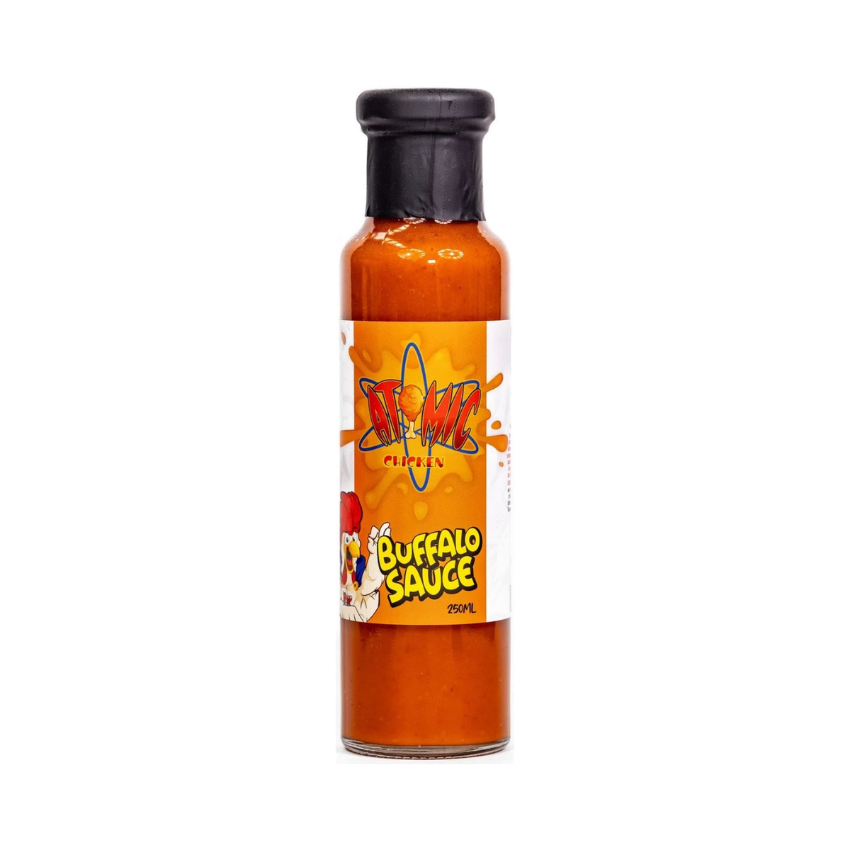 Atomic Chicken Buffalo Hot Sauce 250ml, front of bottle on transparent background