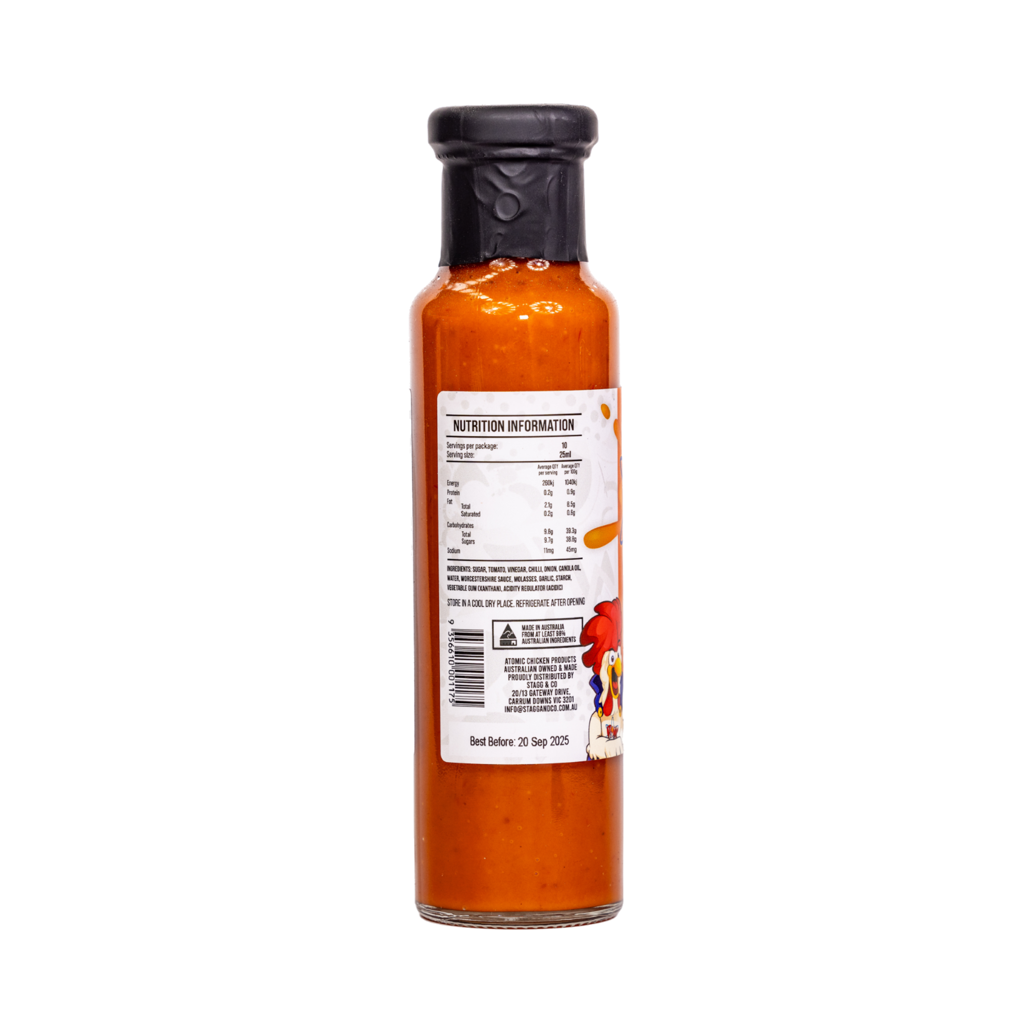 Atomic Chicken Buffalo Hot Sauce 250ml, bottle side view, transparent background