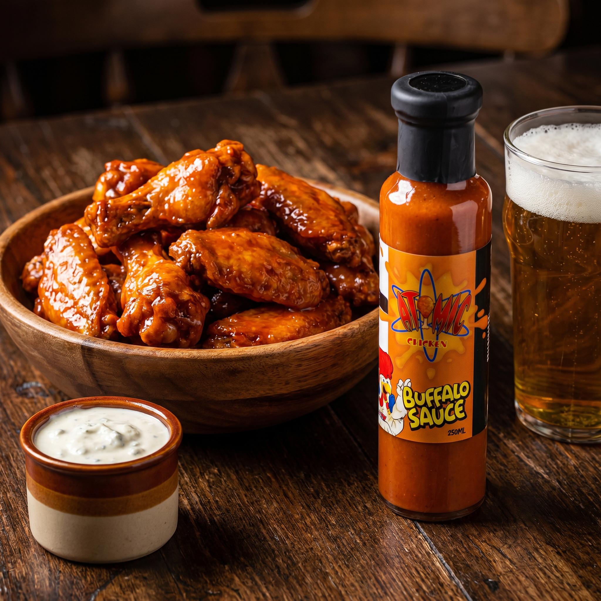 Atomic Chicken Buffalo Hot Sauce — bowl of glossy buffalo-tossed wings with blue cheese dip
