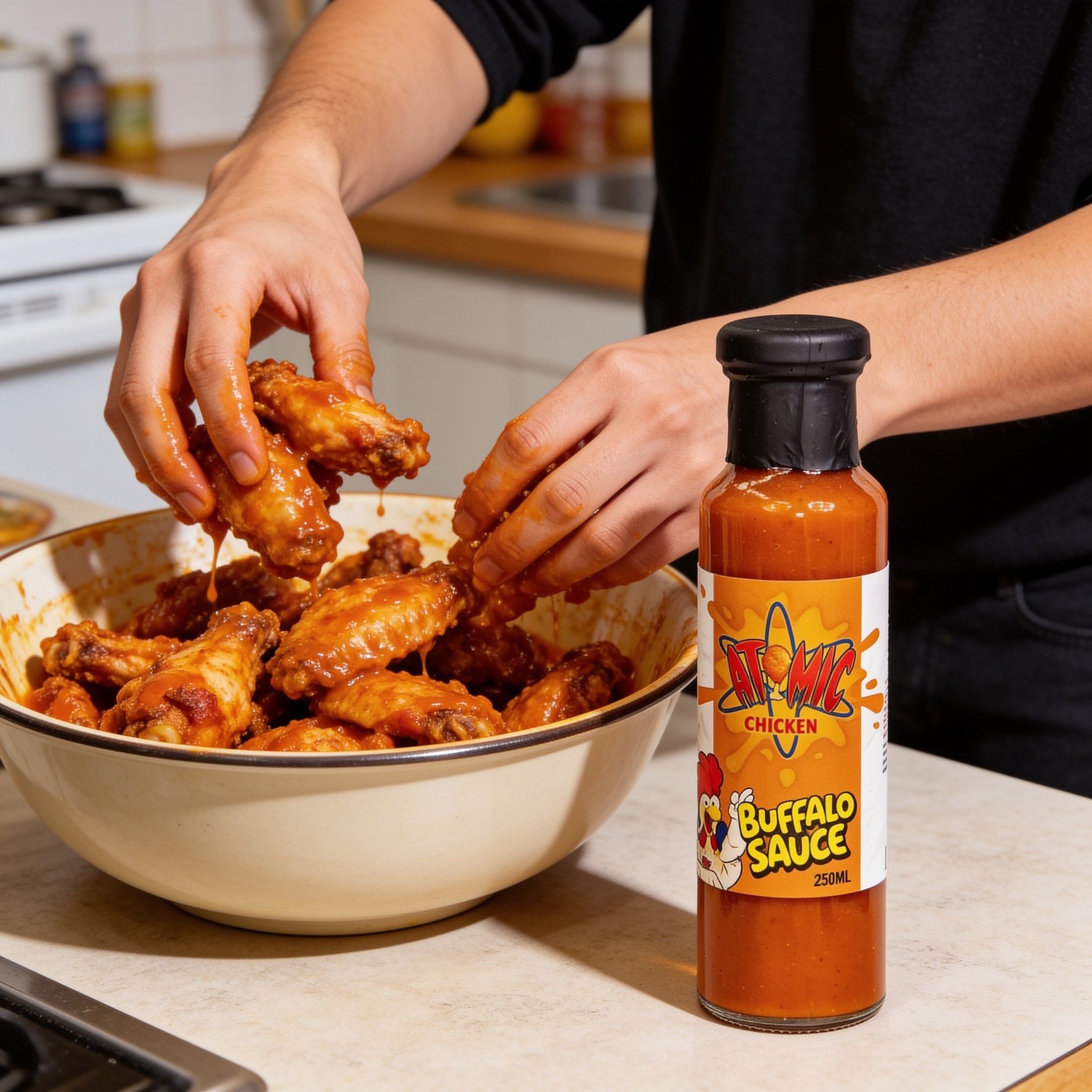 Atomic Chicken Buffalo Hot Sauce 250ml — hands tossing buffalo wings in a bowl beside the bottle