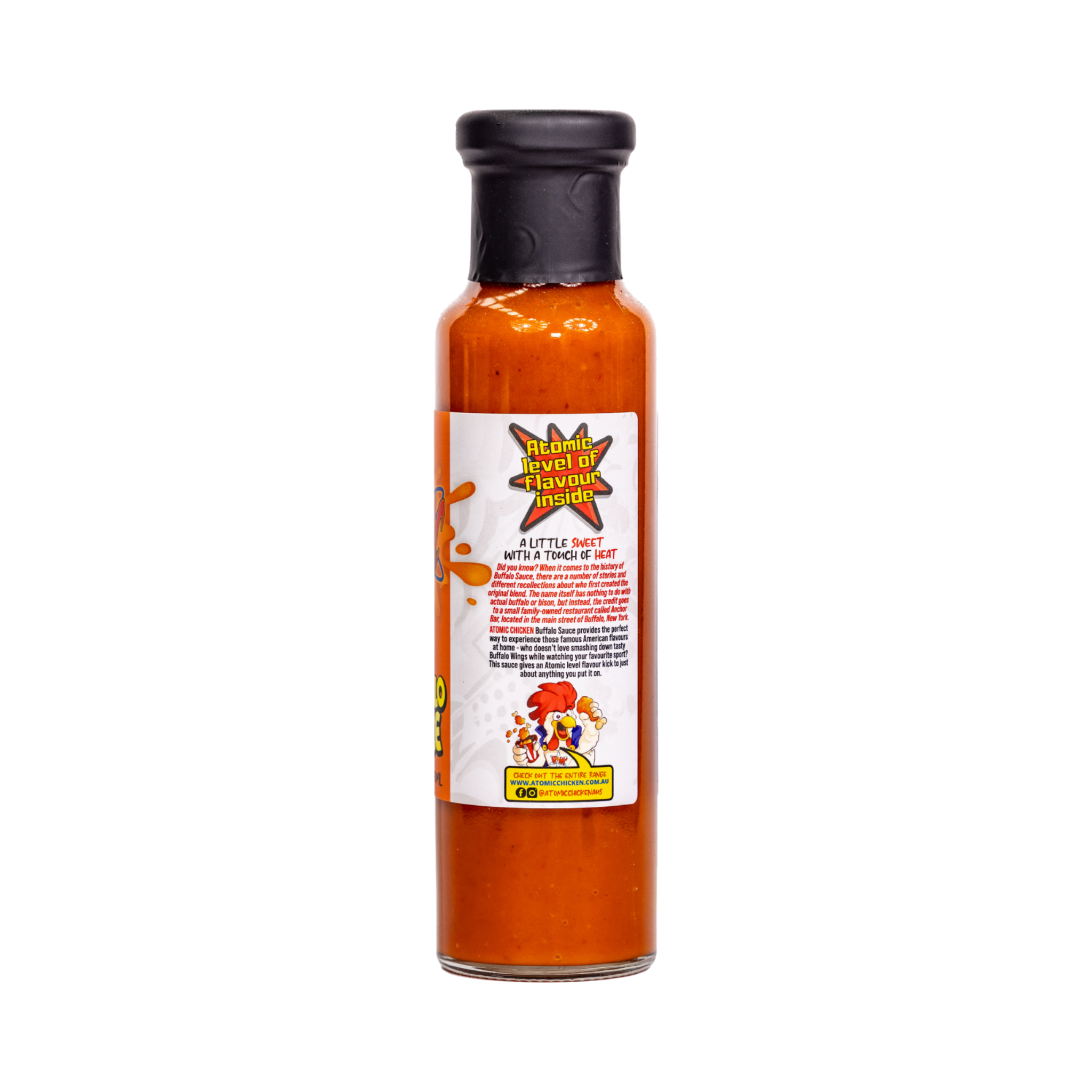 Atomic Chicken Buffalo Hot Sauce 250ml, back label and nutrition panel, transparent background