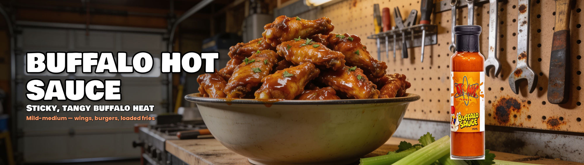 Atomic Chicken Buffalo Hot Sauce with a bowl of glazed wings in a garage man-cave setting