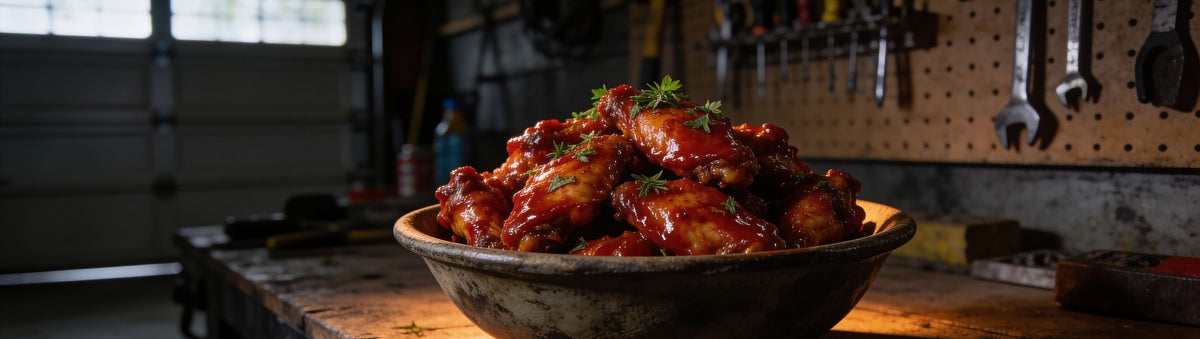 Atomic Chicken Buffalo Hot Sauce with a bowl of glossy red-glazed buffalo wings on a workbench in a dim garage