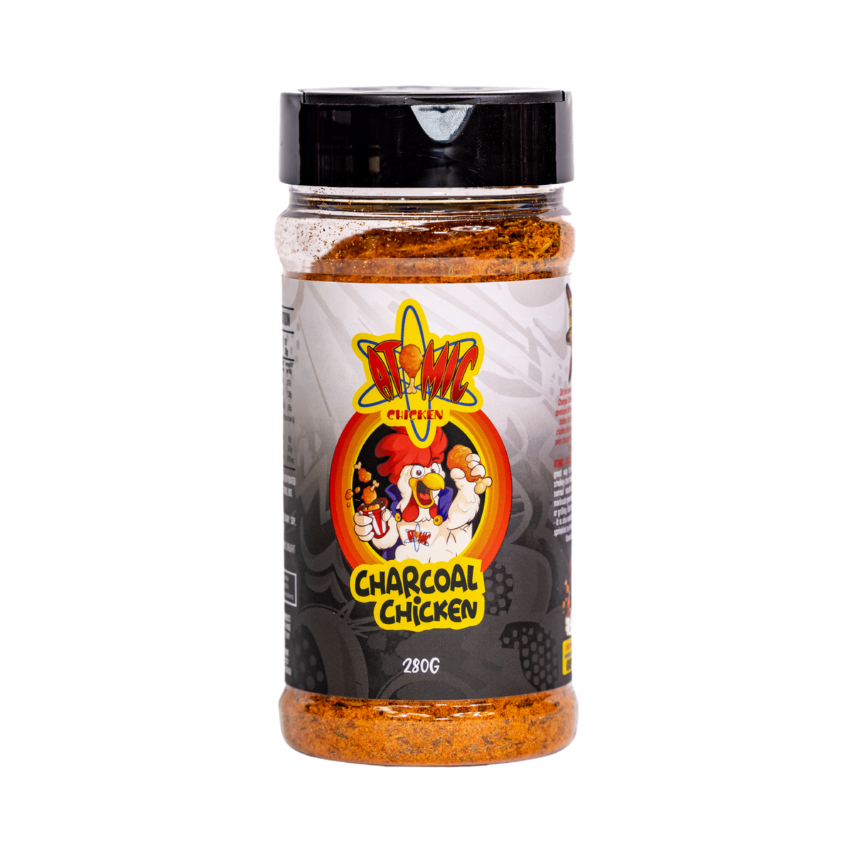 Atomic Chicken Charcoal Chicken Seasoning Rub 280g, front of shaker on transparent background
