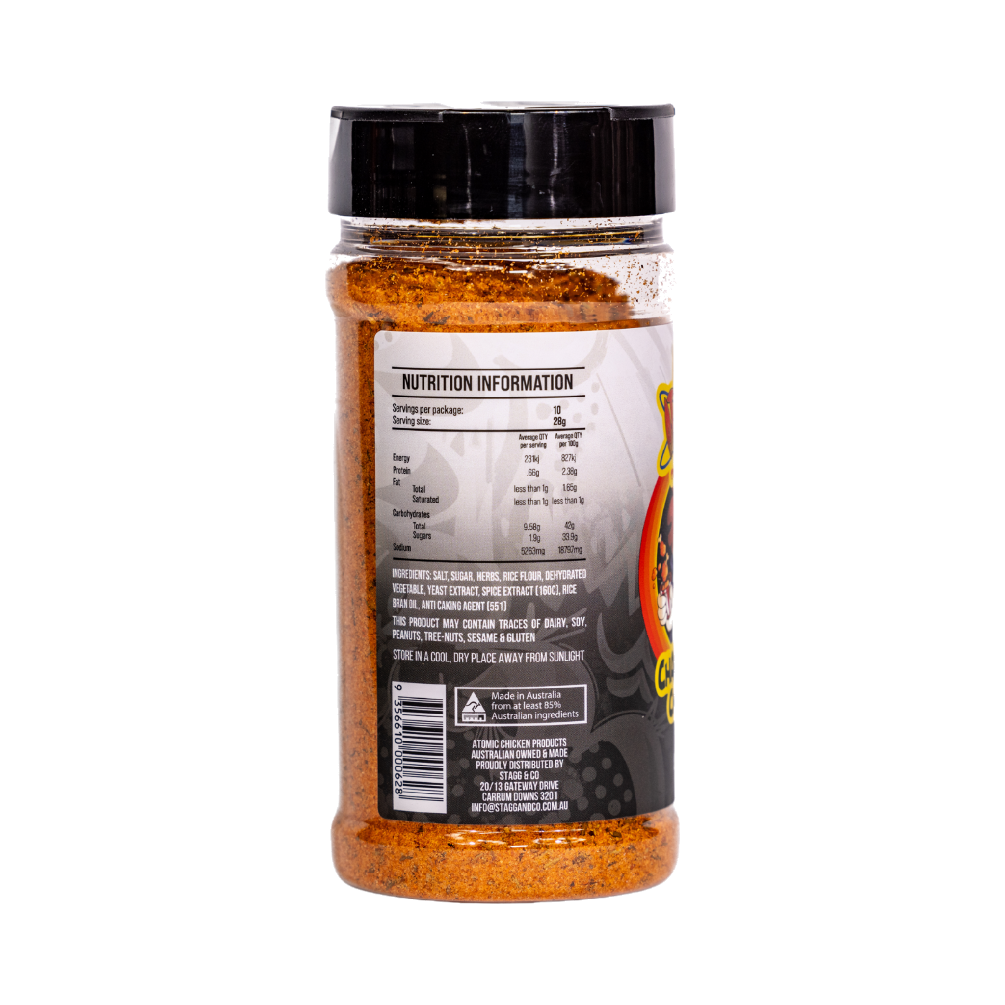 Atomic Chicken Charcoal Chicken Seasoning Rub 280g, side label detail, transparent background