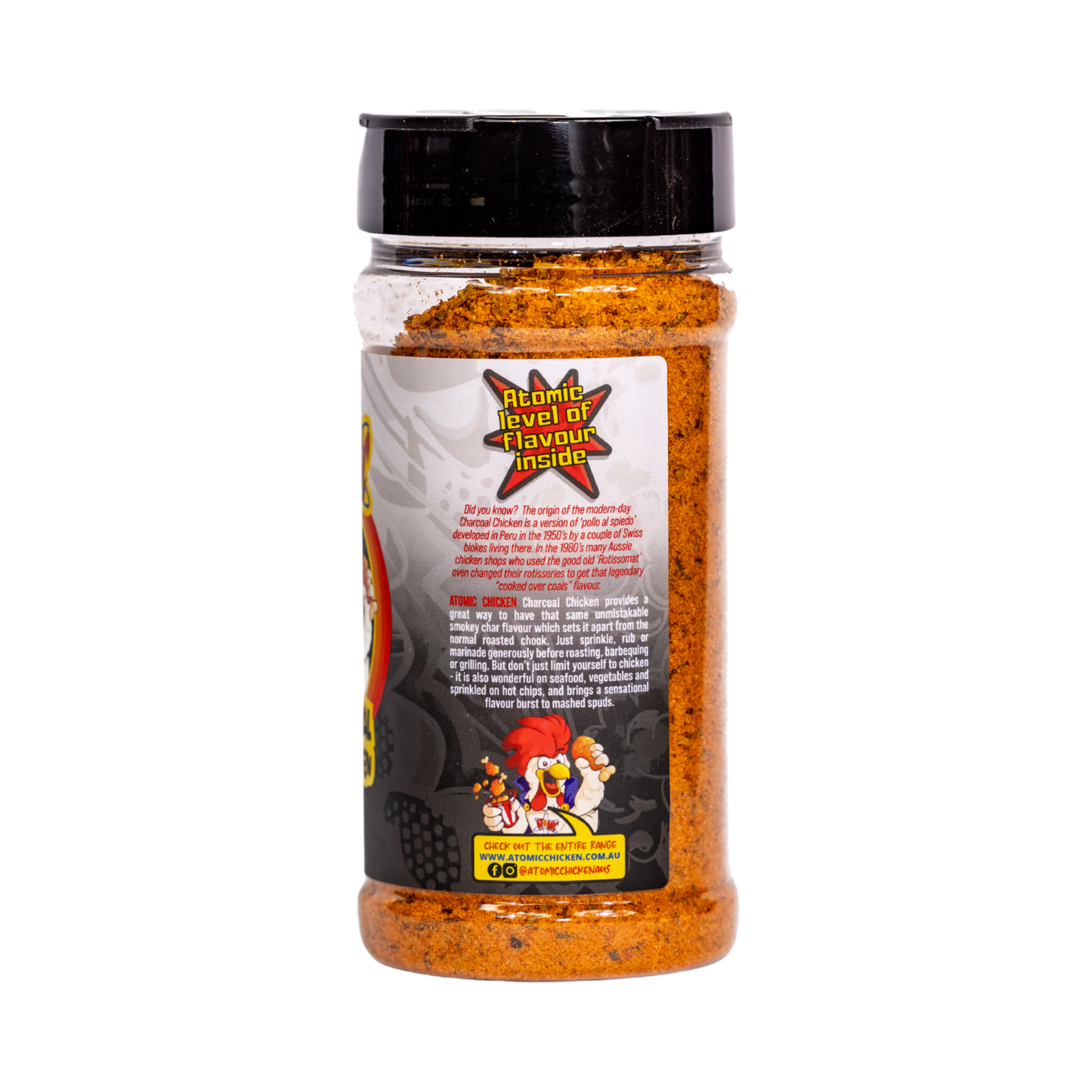 Atomic Chicken Charcoal Chicken Seasoning Rub 280g, ingredients and nutrition panel, transparent background