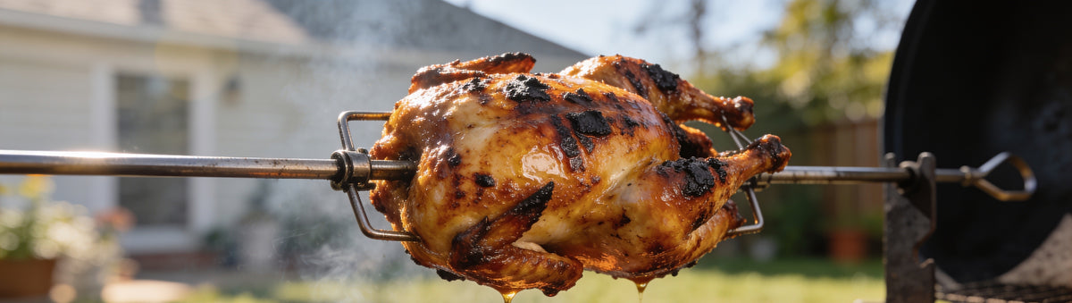 Atomic Chicken Charcoal Chicken Seasoning Rub with a whole charcoal-roasted rotisserie chicken turning on the spit in bright backyard daylight