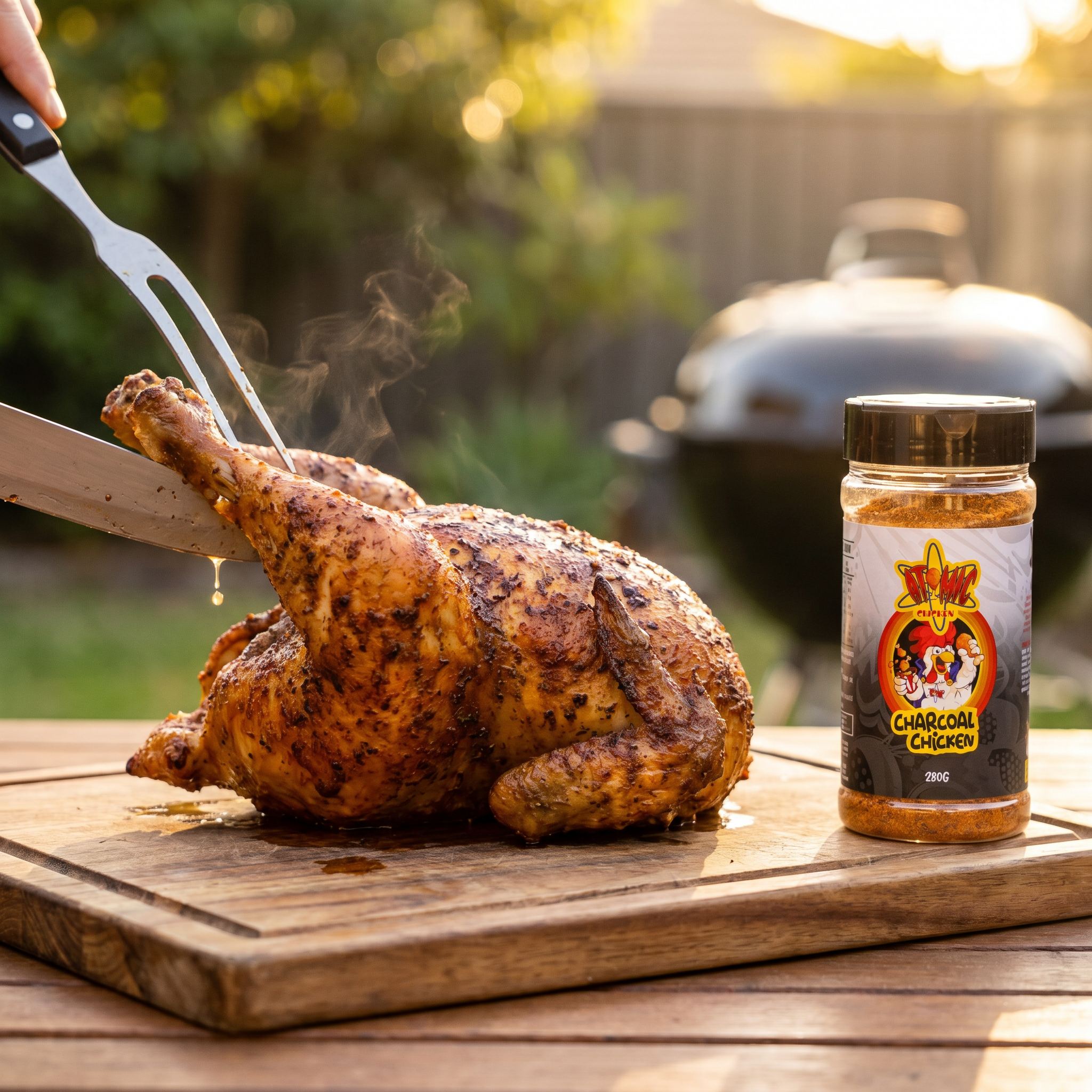 Atomic Chicken Charcoal Chicken seasoning rub — whole charcoal-roasted chicken carved on a board beside the shaker, backyard BBQ