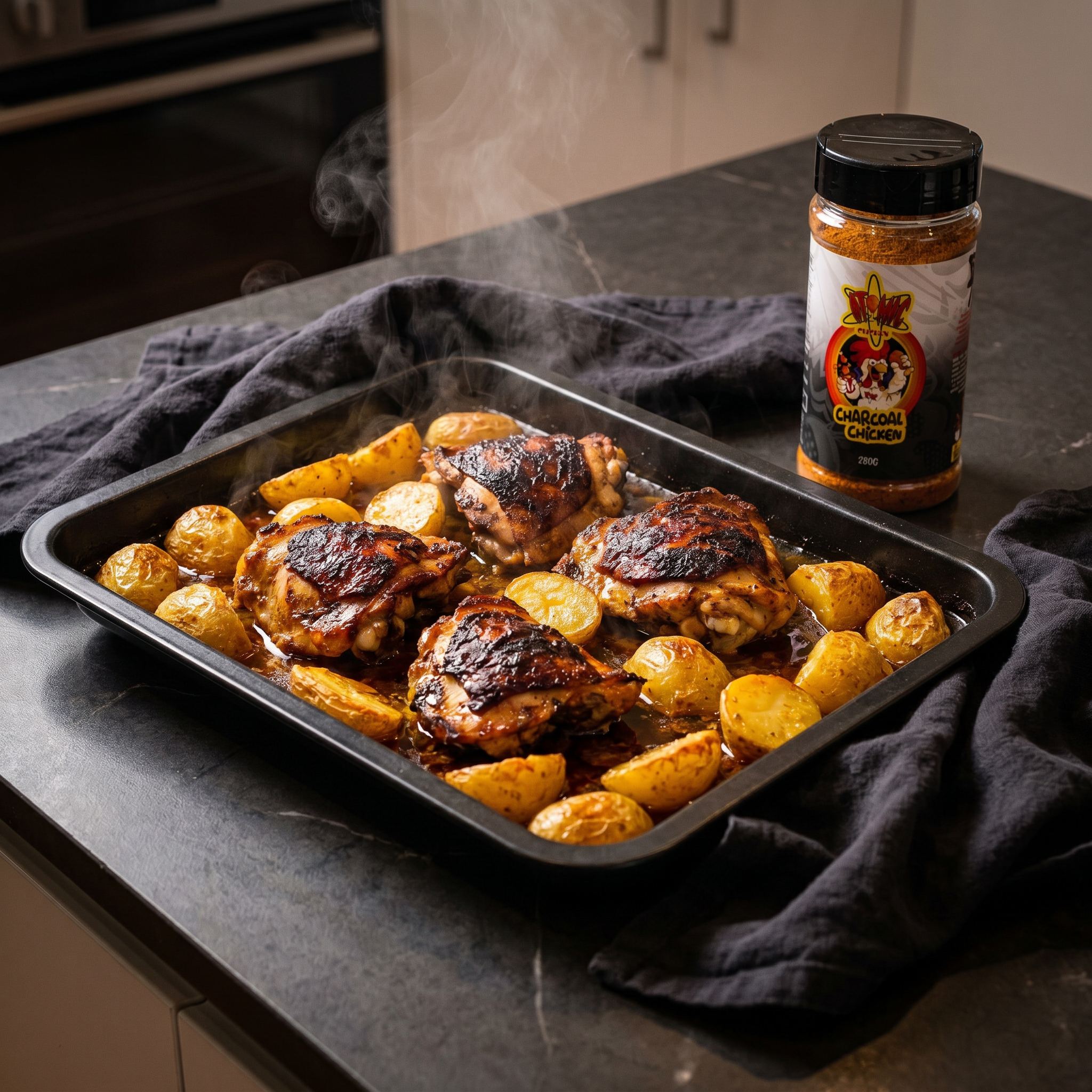 Atomic Chicken Charcoal Chicken seasoning rub — tray of roast chicken thighs and golden potatoes in the pan juices