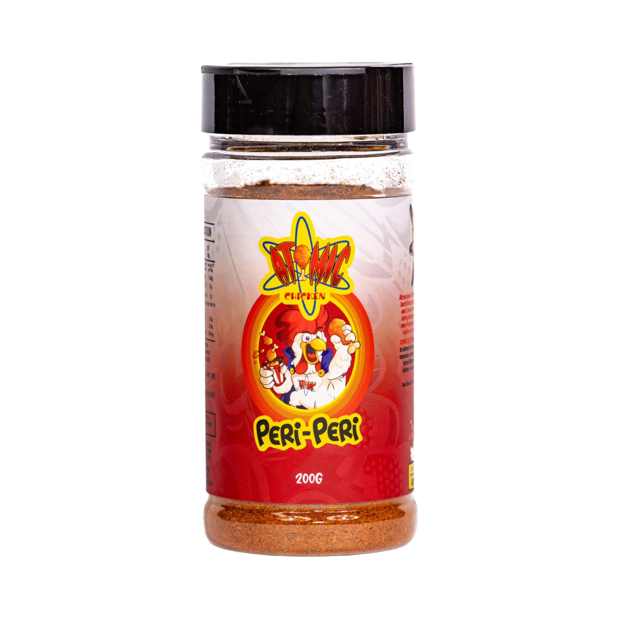 Atomic Chicken Chicken Peri Peri Seasoning Rub 200g, front of shaker on transparent background