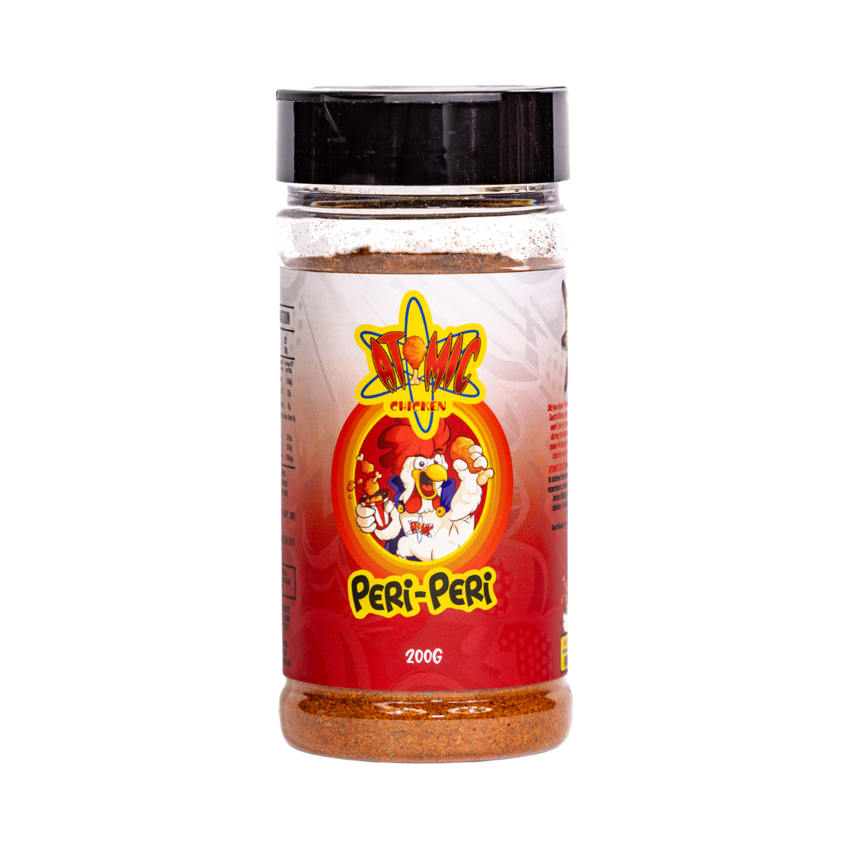 Atomic Chicken Chicken Peri Peri Seasoning Rub 200g, front of shaker on transparent background