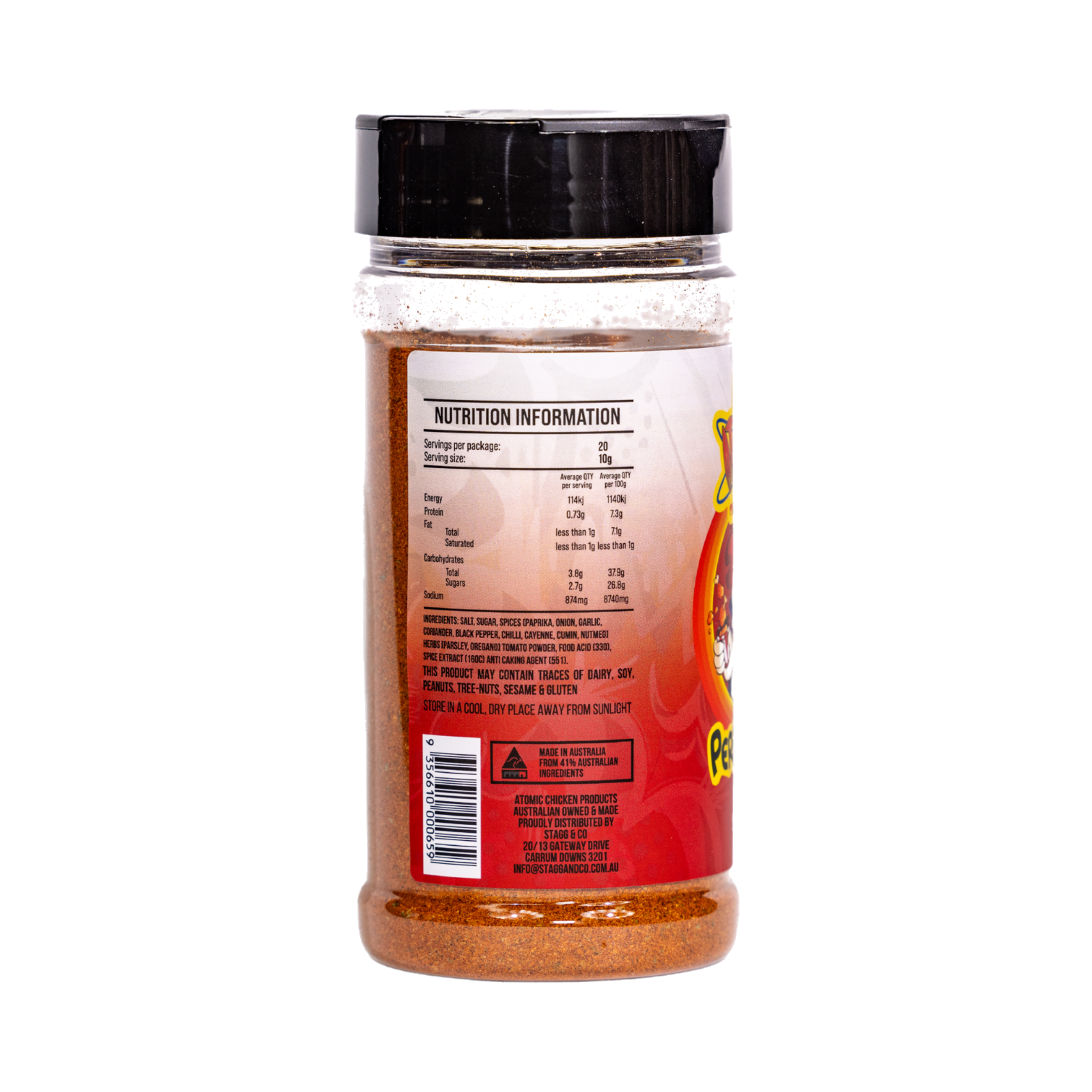 Atomic Chicken Chicken Peri Peri Seasoning Rub 200g, side label detail, transparent background