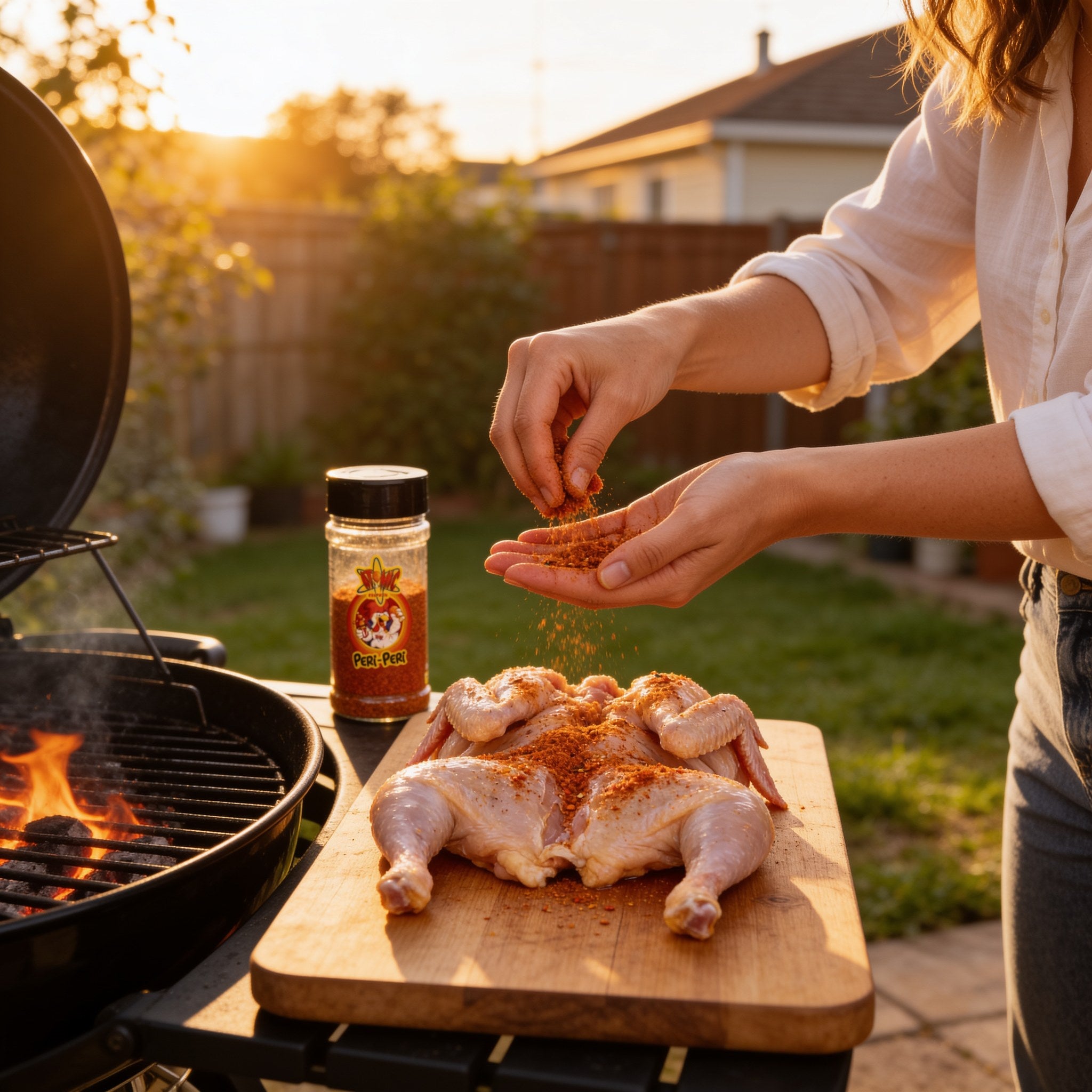 Atomic Chicken Chicken Peri Peri Seasoning Rub 200g — woman rubbing seasoning onto raw butterflied chicken beside the grill at sunset