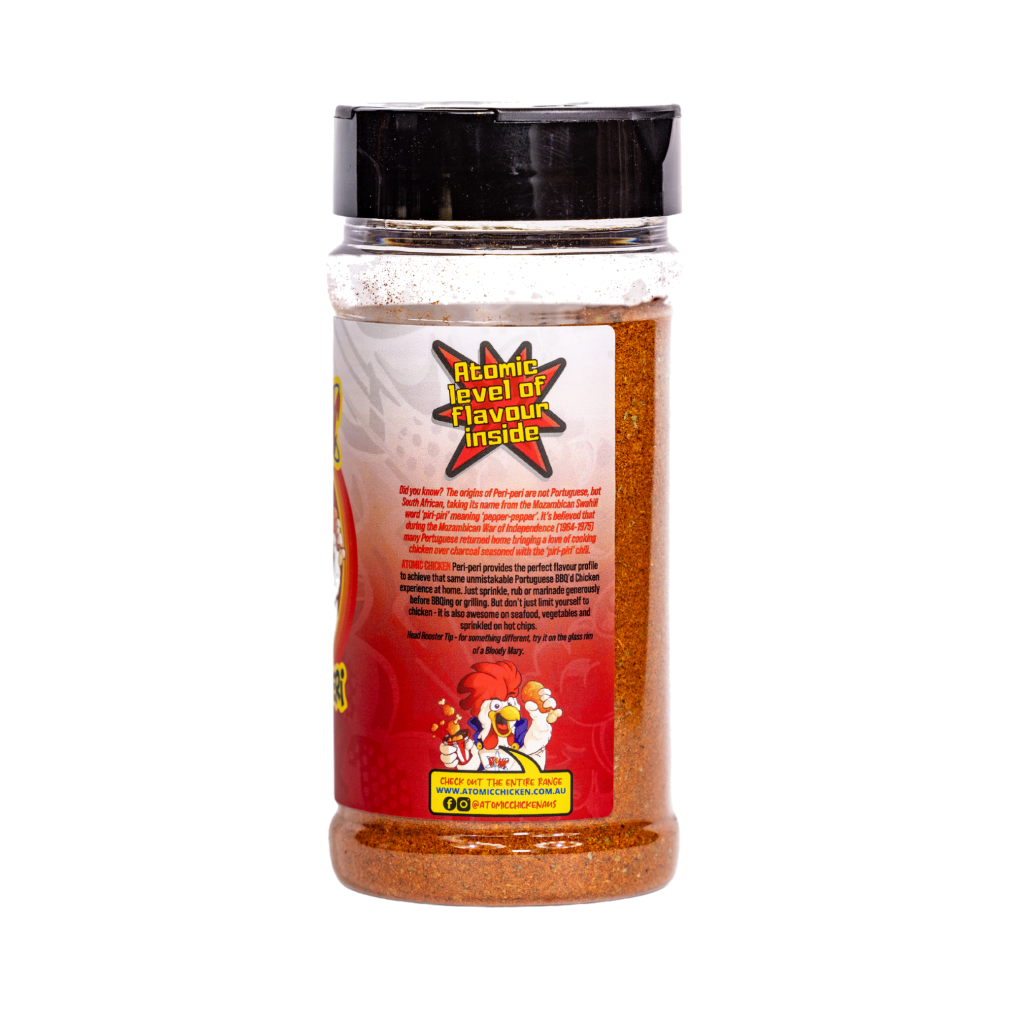 Atomic Chicken Chicken Peri Peri Seasoning Rub 200g, ingredients and nutrition panel, transparent background
