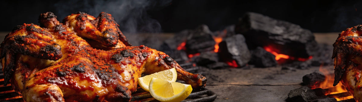 Atomic Chicken Peri Peri Seasoning Rub with a whole flame-grilled peri peri chicken and lemon wedges over glowing coals