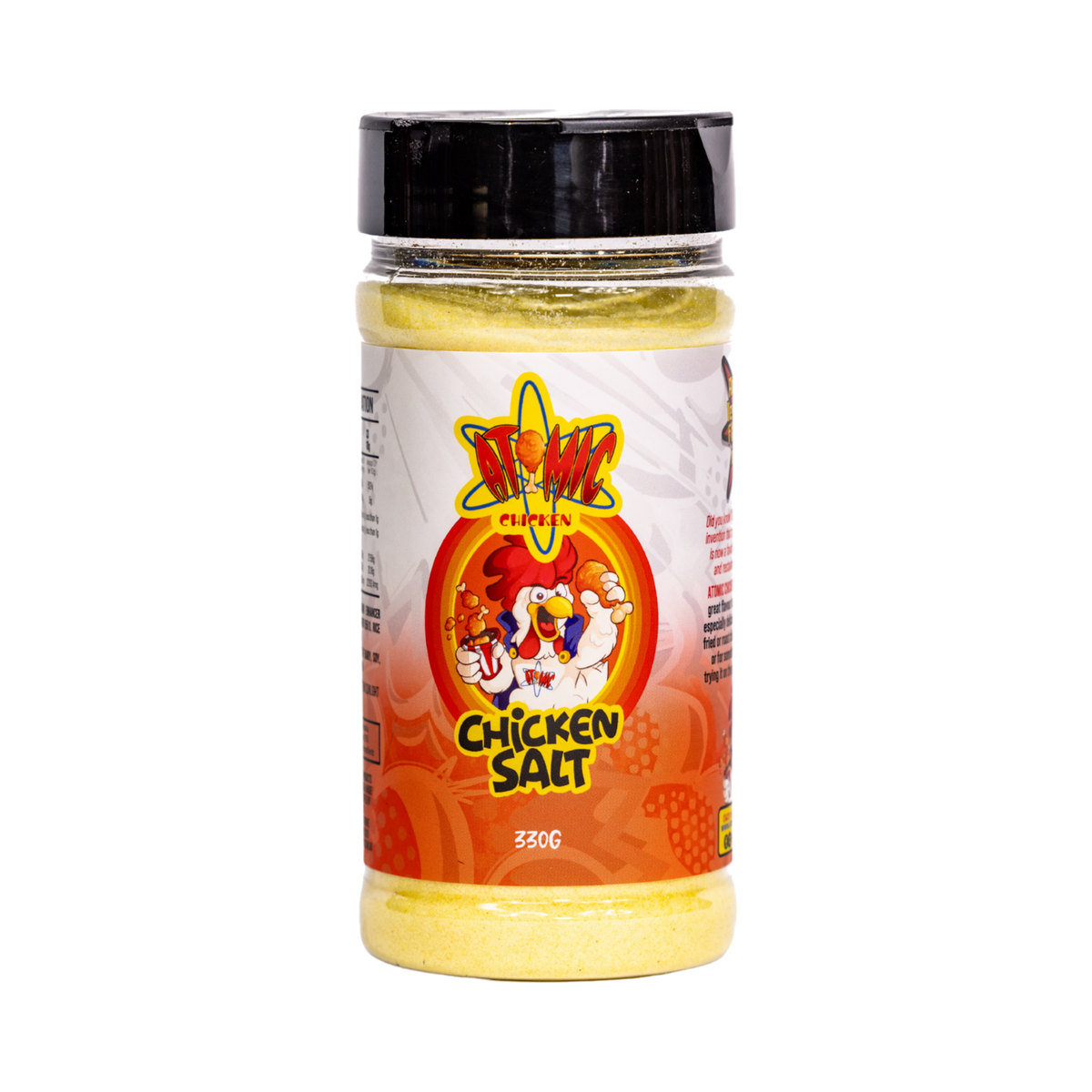 Atomic Chicken Chicken Salt Seasoning 330g, front of shaker on transparent background