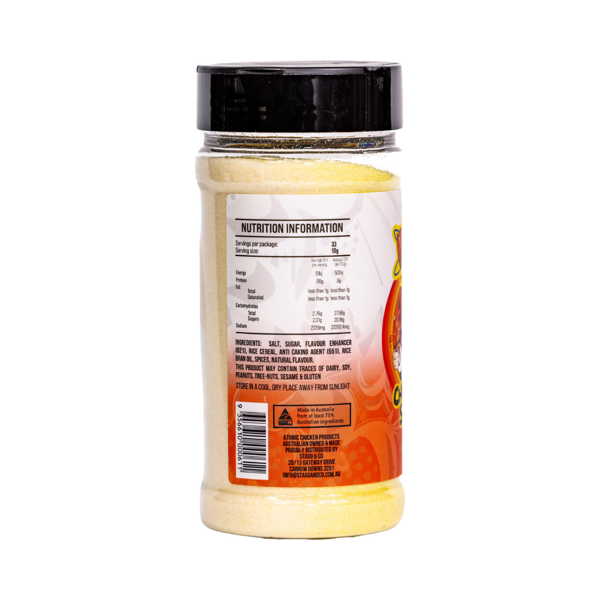 Atomic Chicken Chicken Salt Seasoning 330g, side label detail, transparent background