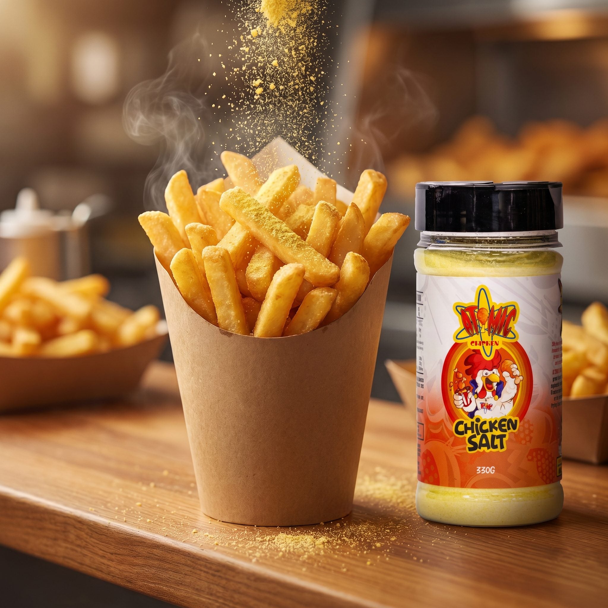 Atomic Chicken Chicken Salt — golden hot chips in a paper cone being showered with chicken salt