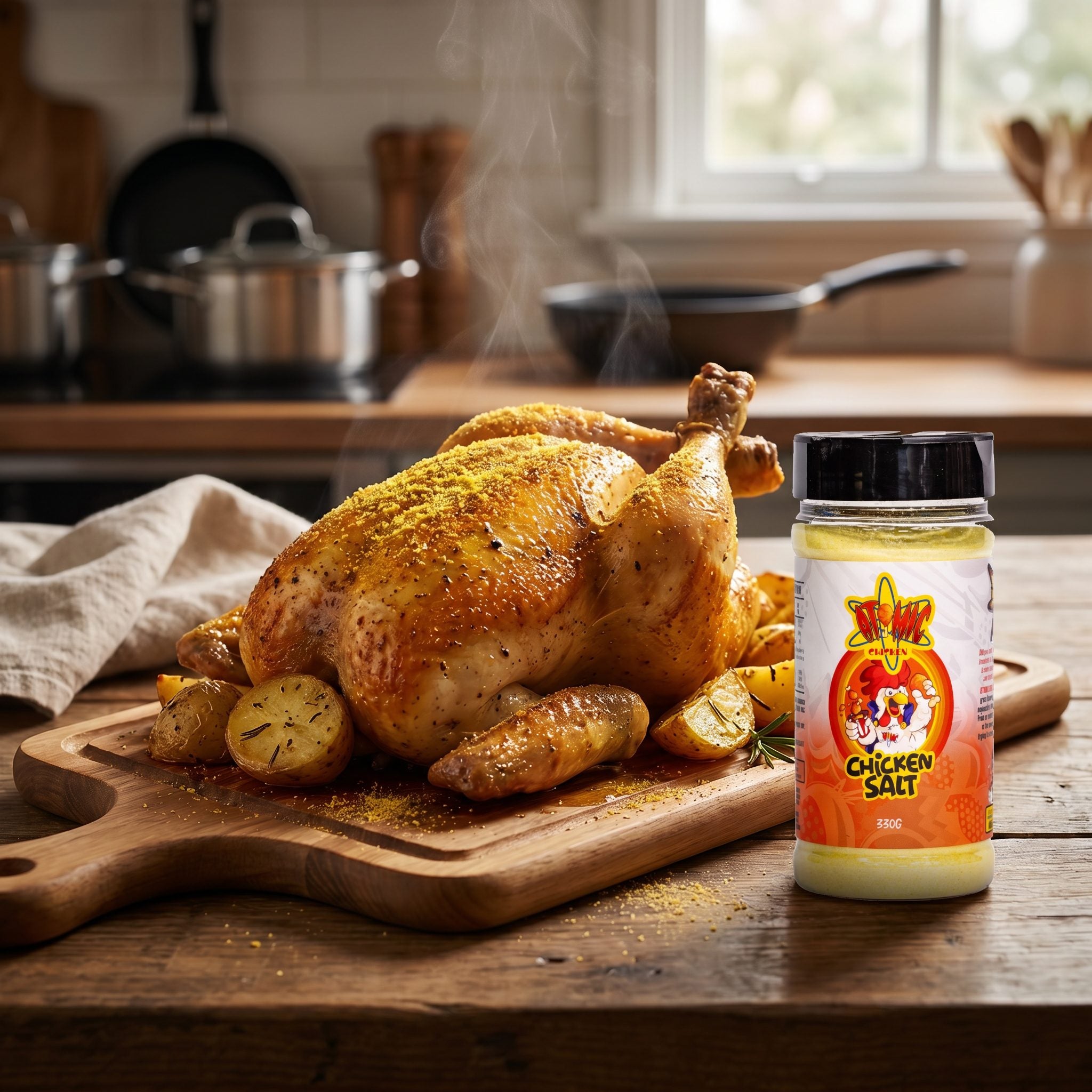 Atomic Chicken Chicken Salt — whole roast chicken and potatoes dusted with chicken salt