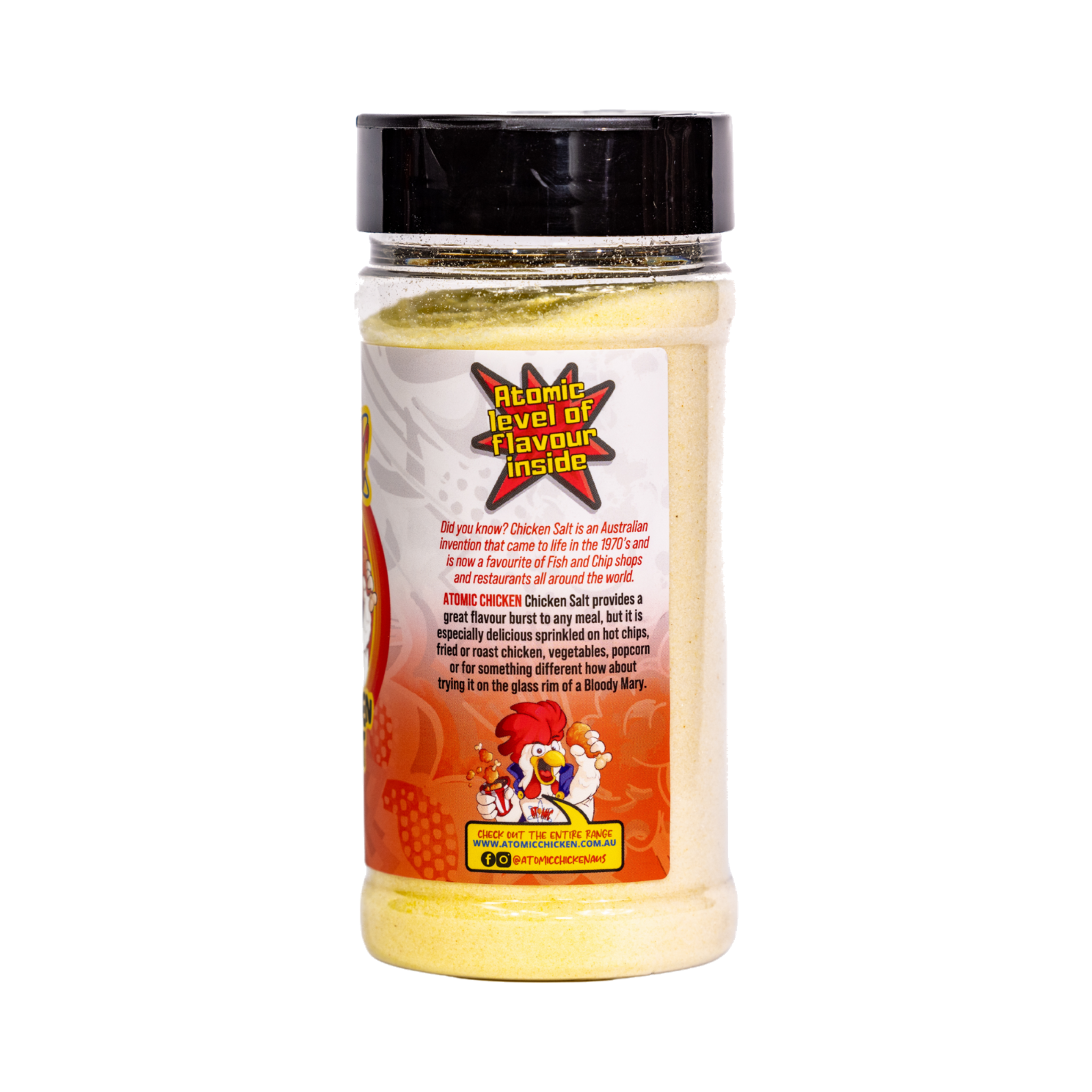 Atomic Chicken Chicken Salt Seasoning 330g, ingredients and nutrition panel, transparent background