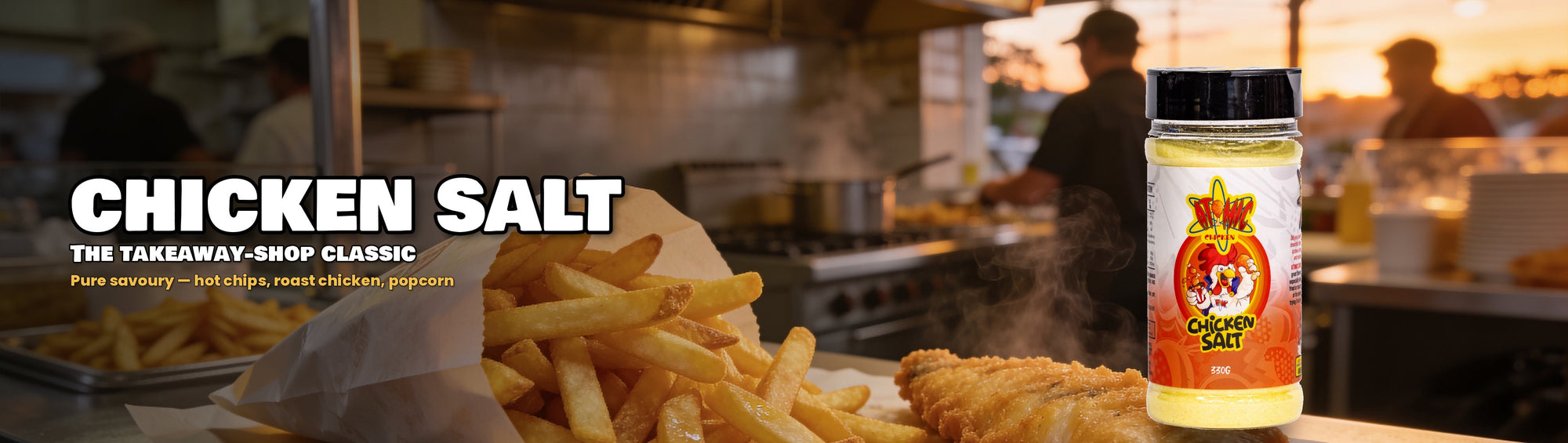 Atomic Chicken Chicken Salt Seasoning with hot chips and fried fish at a takeaway shop counter