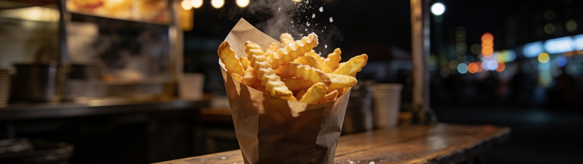 Atomic Chicken Chicken Salt Seasoning with hot golden chips and crispy fried fish at a takeaway shop counter at night