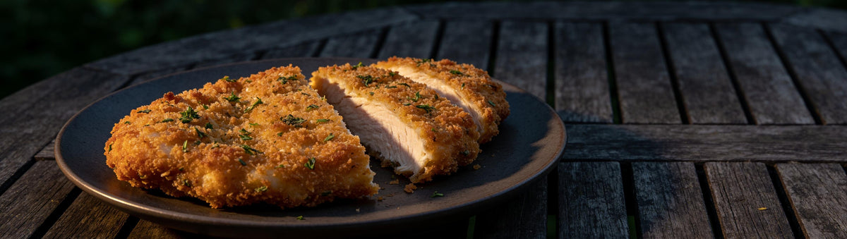Atomic Chicken Schnitzel Herb & Garlic Coating with golden crumbed chicken schnitzel sliced open on a rustic garden table