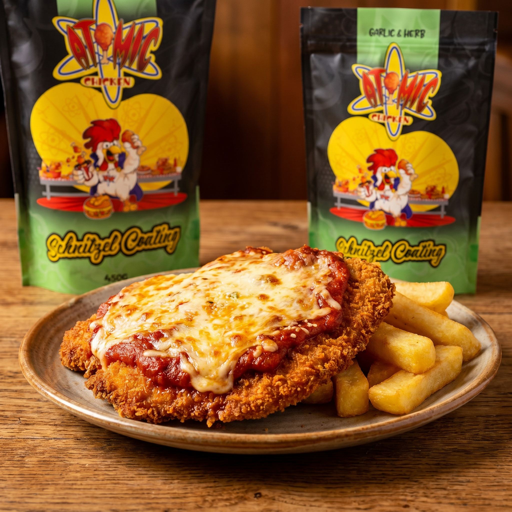 Atomic Chicken Schnitzel Herb & Garlic Coating — chicken parmigiana topped with napoli and melted cheese with chips