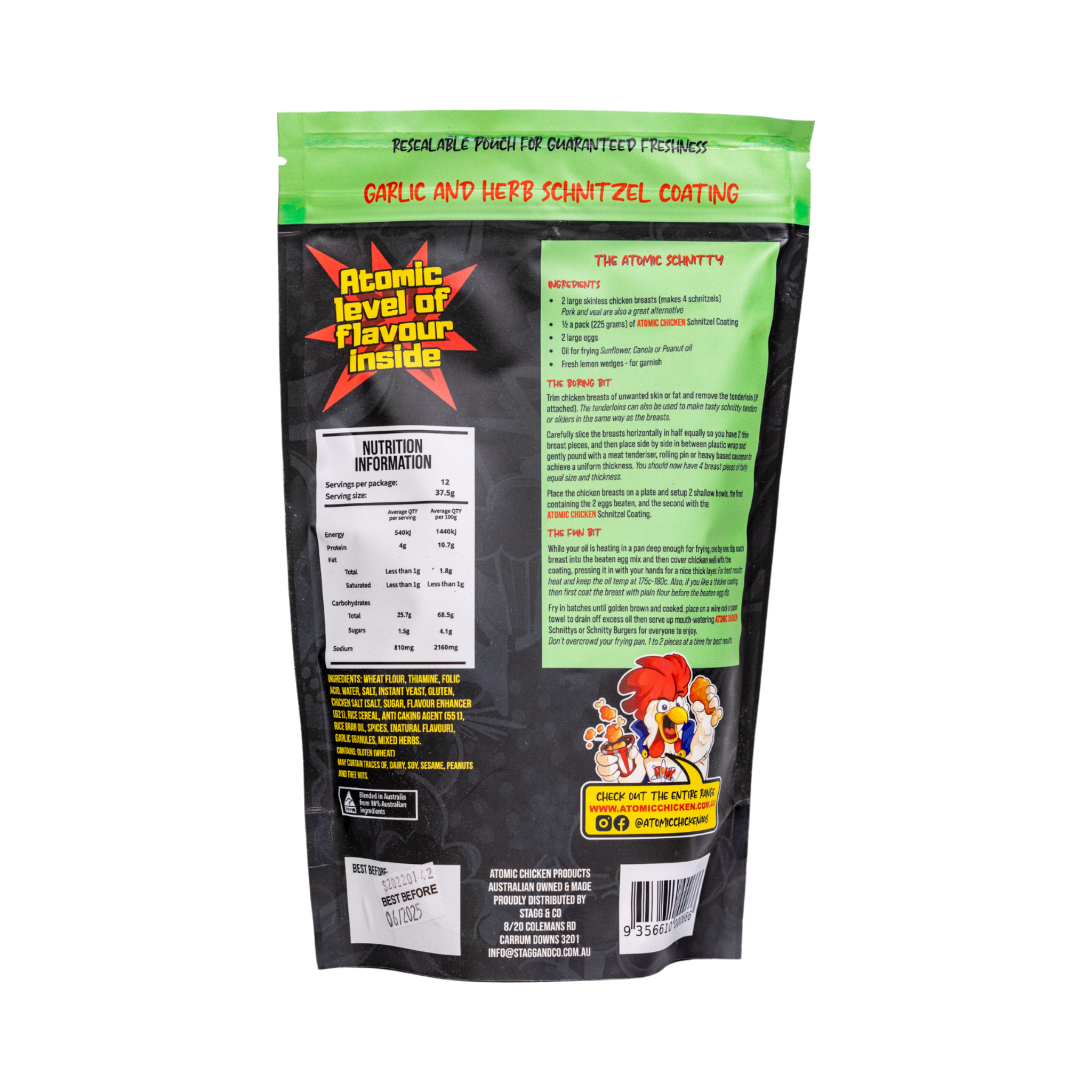 Atomic Chicken Chicken Schnitzel Herb & Garlic Coating 450g, ingredients and nutrition panel, transparent background