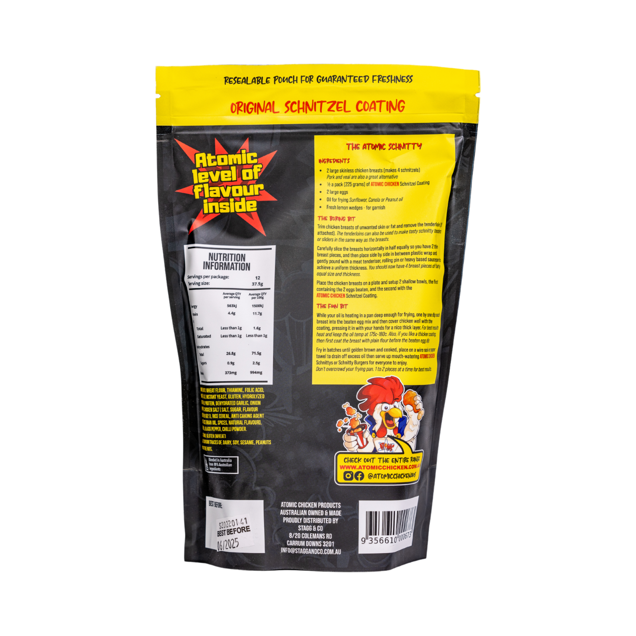 Atomic Chicken Chicken Schnitzel Original Coating 450g, ingredients and nutrition panel, transparent background