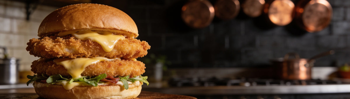 Atomic Chicken Schnitzel Original Coating with a stacked golden crumbed schnitzel burger on a dark wood pub kitchen counter