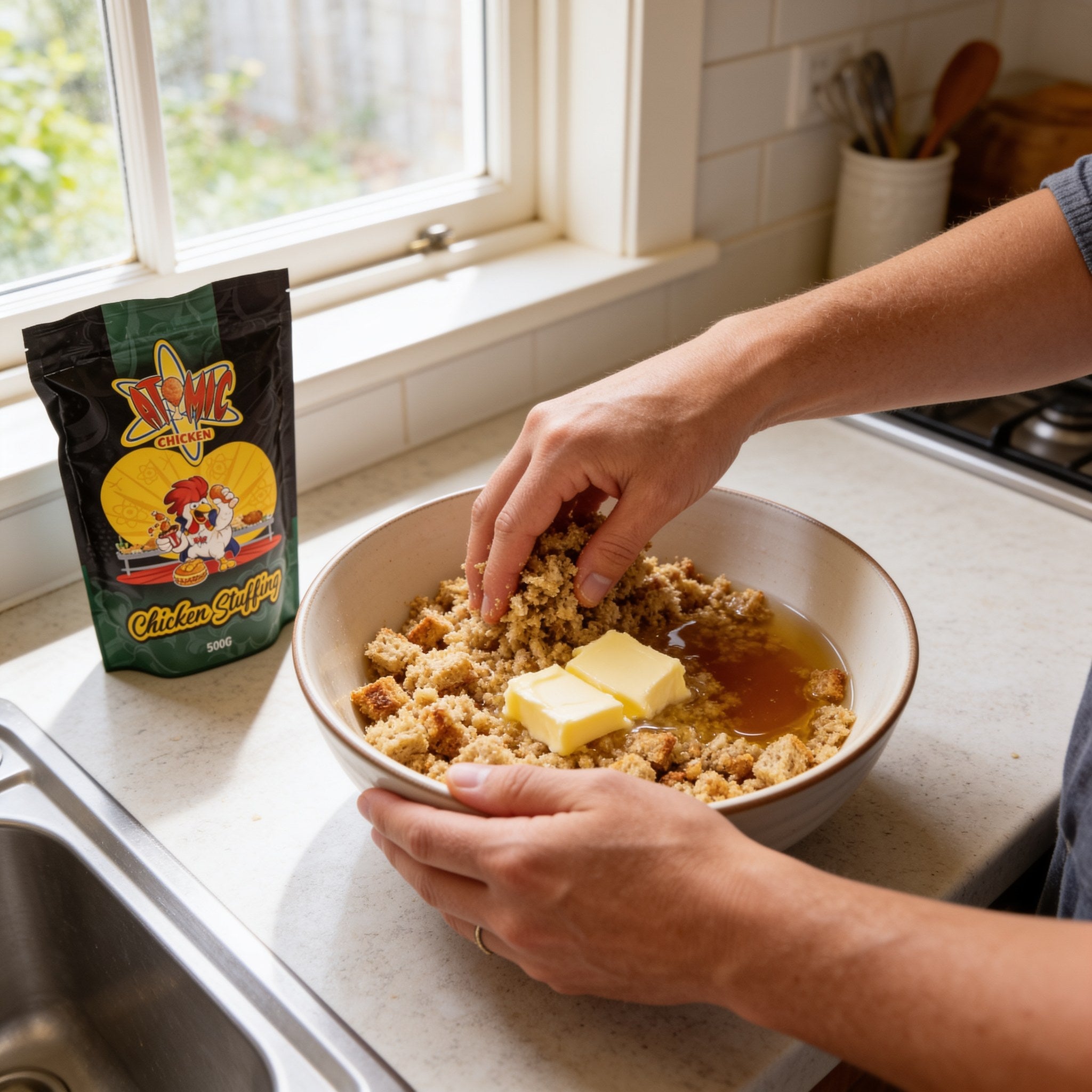Atomic Chicken Chicken Stuffing 500g — hands mixing the stuffing with butter and stock in a bowl at the kitchen bench