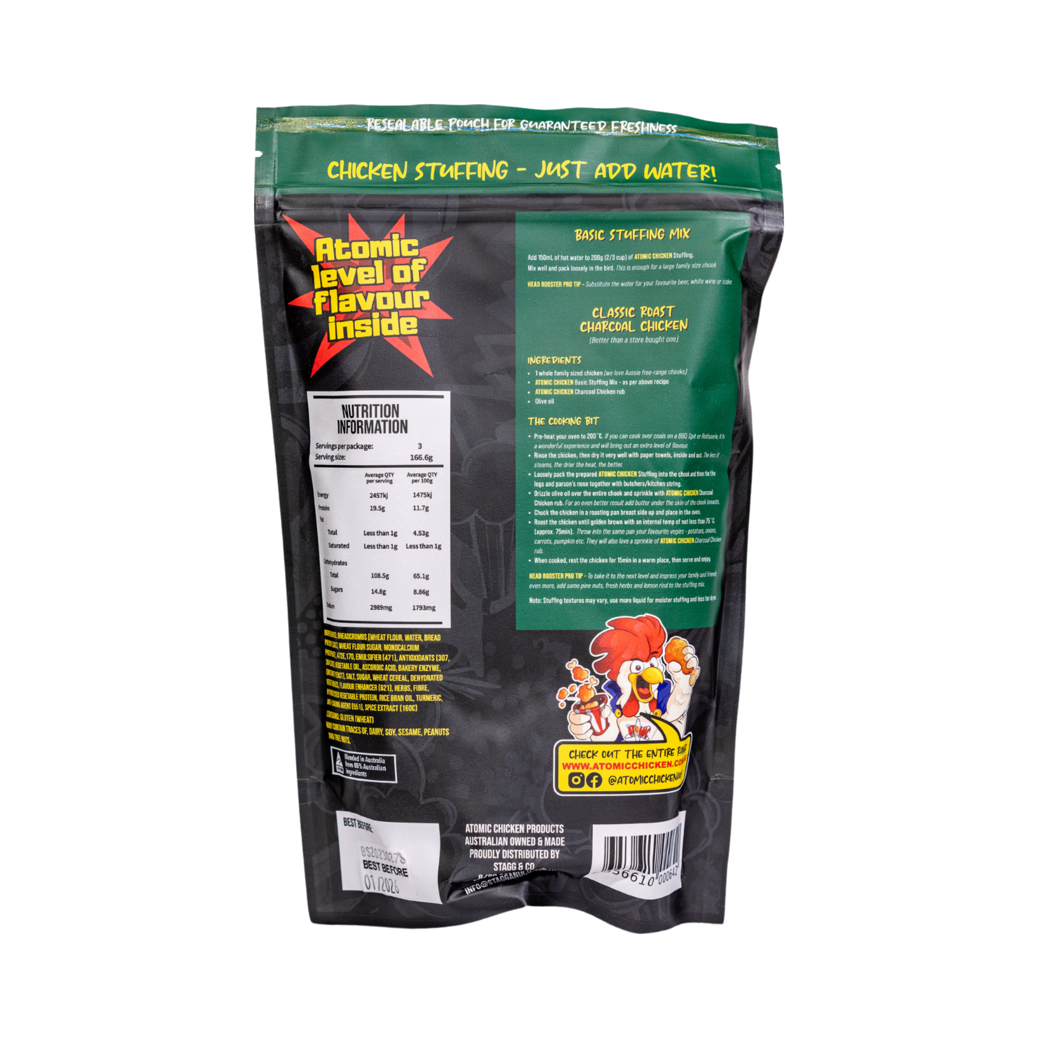 Atomic Chicken Chicken Stuffing 500g, ingredients and nutrition panel, transparent background