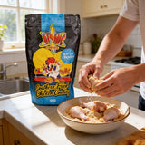 Atomic Chicken Gluten Friendly Original Southern Fried Chicken Coating 500g — hands dredging raw chicken drumsticks in the coating