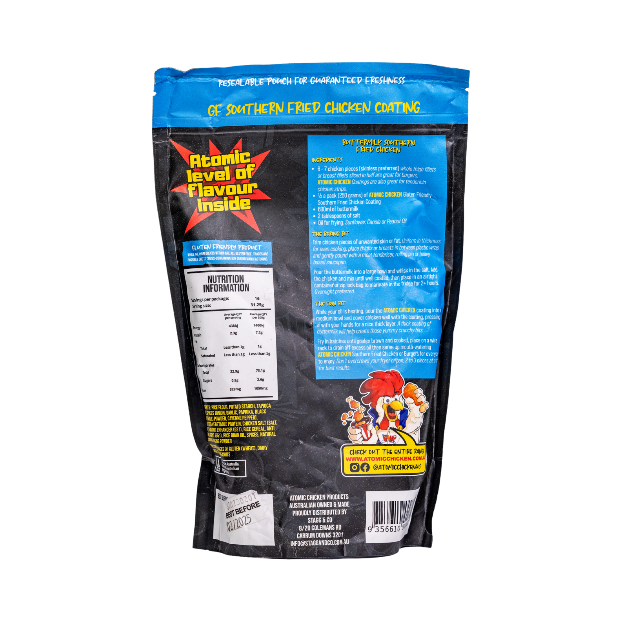Atomic Chicken Gluten Friendly Original Southern Fried Chicken Coating 500g, ingredients and nutrition panel, transparent background