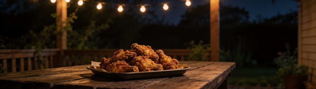 Atomic Chicken Gluten Friendly Original Southern Fried Chicken Coating with a platter of golden fried chicken on a covered patio at night