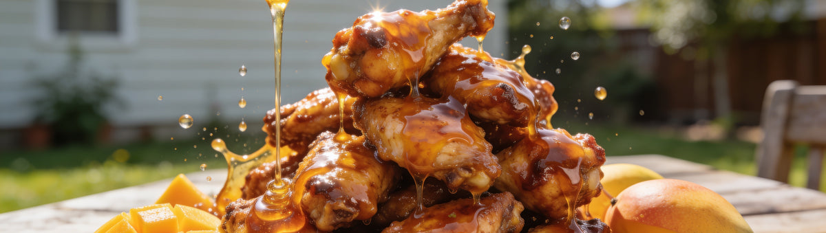 Atomic Chicken Honey Mango BBQ Sauce with an opulent pile of glazed wings and honey dripping and flowing over glistening sauce