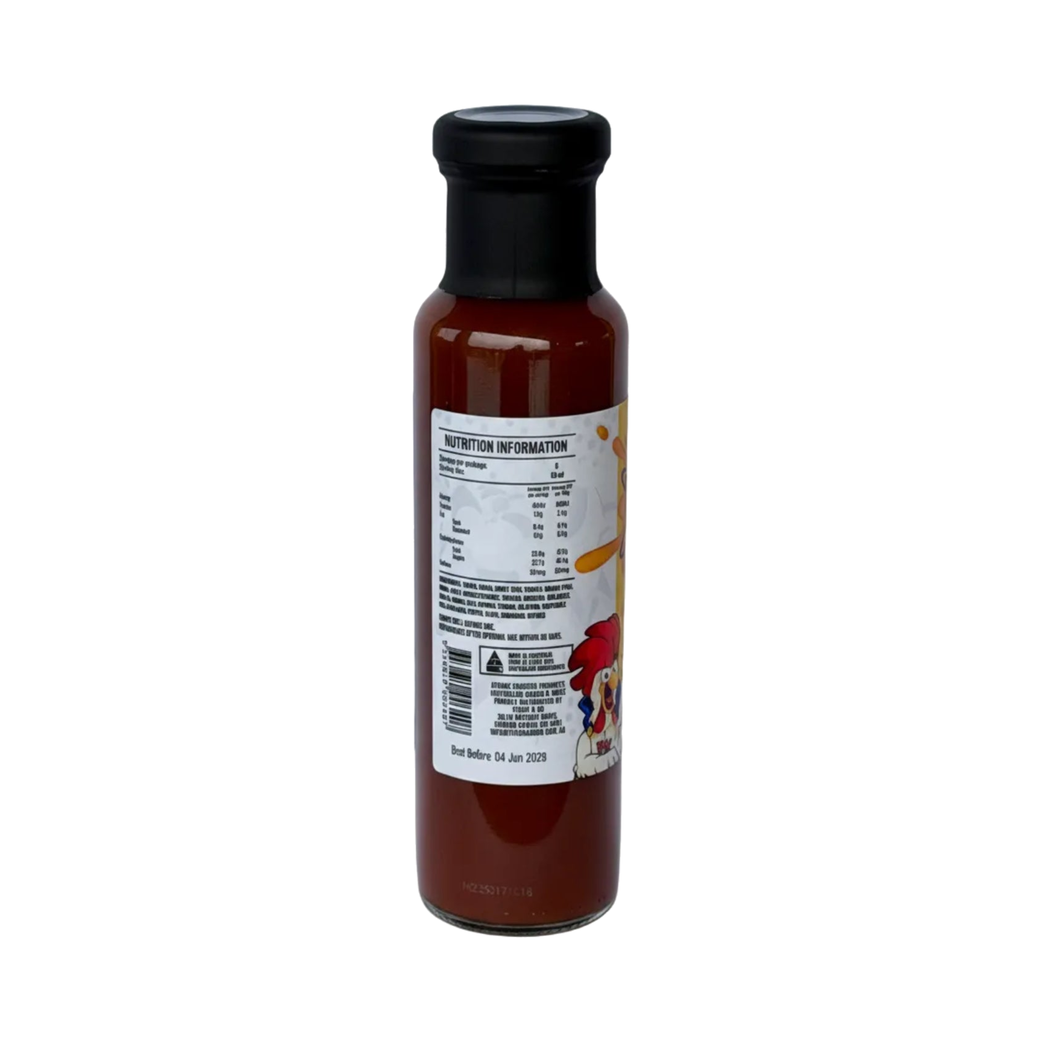 Atomic Chicken Honey Mango BBQ Sauce 250ml, bottle side view, transparent background
