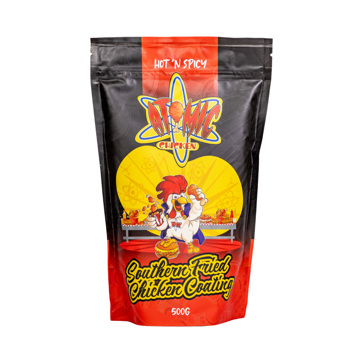 Atomic Chicken Hot 'N Spicy Southern Fried Chicken Coating 500g, front of pack on transparent background