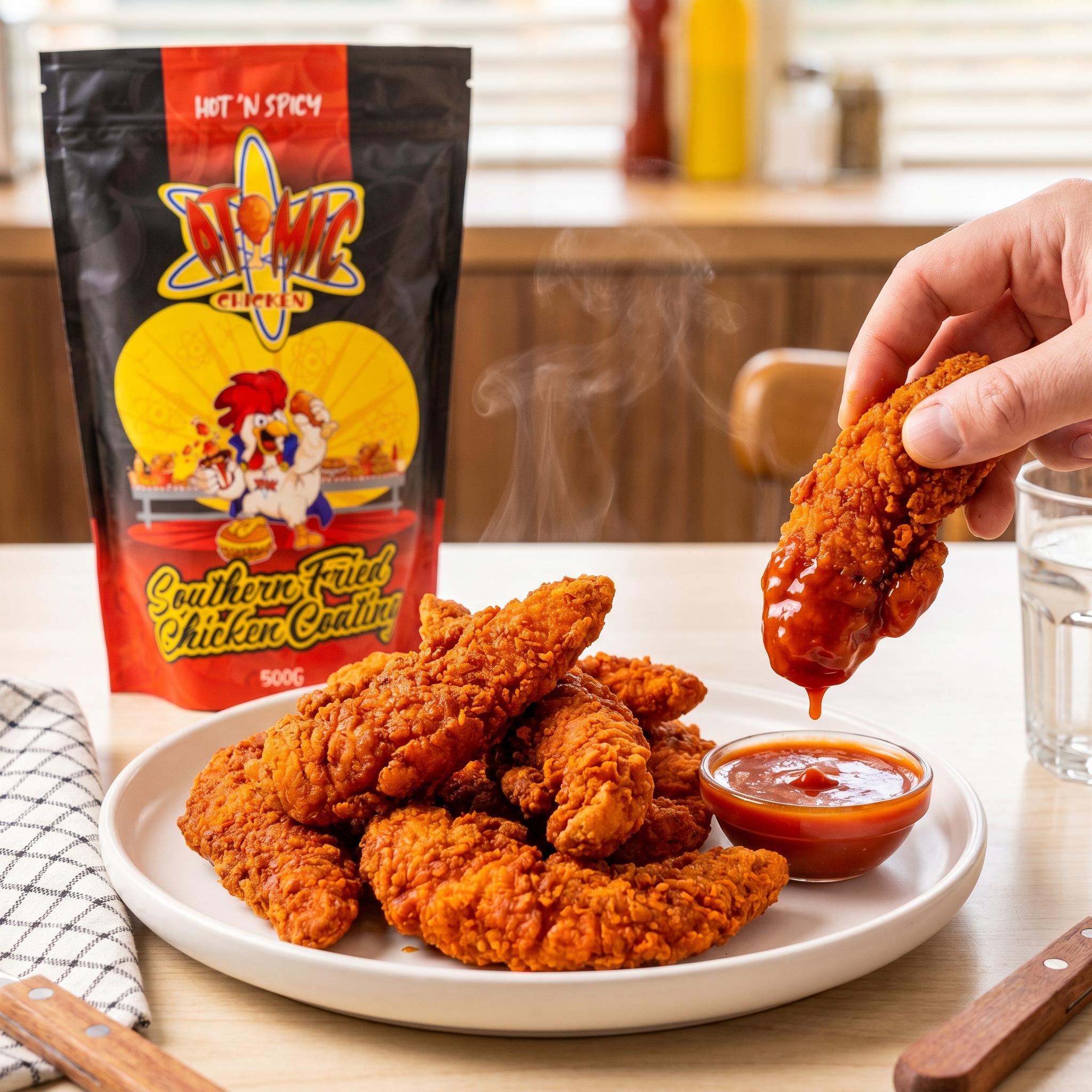 Atomic Chicken Hot 'N Spicy Southern Fried Chicken Coating — crunchy spicy chicken tenders being dipped in sauce