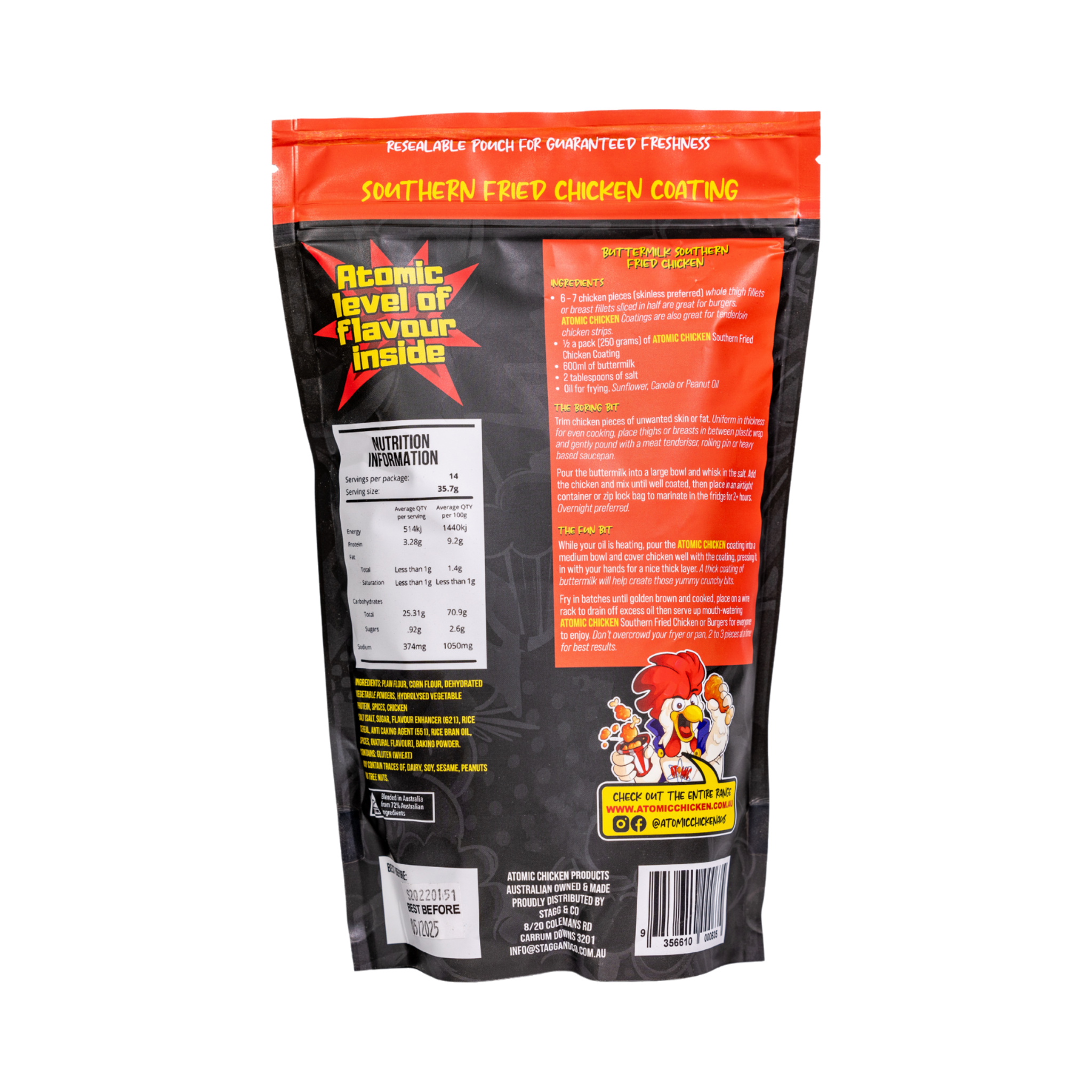 Atomic Chicken Hot 'N Spicy Southern Fried Chicken Coating 500g, ingredients and nutrition panel, transparent background