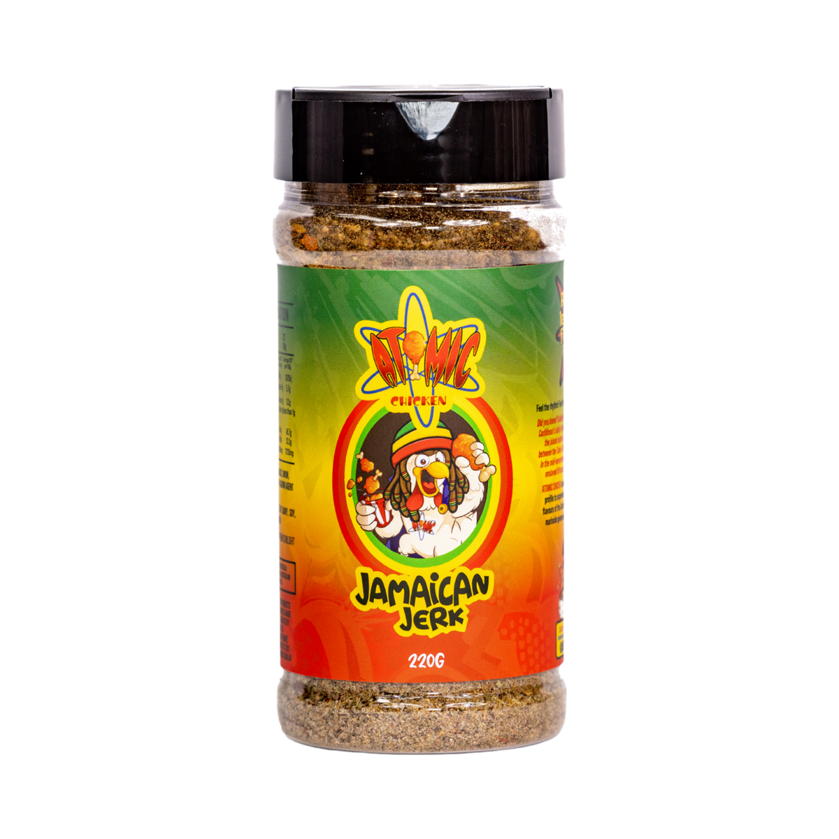 Atomic Chicken Jamaican Jerk Seasoning Rub 220g, front of shaker on transparent background
