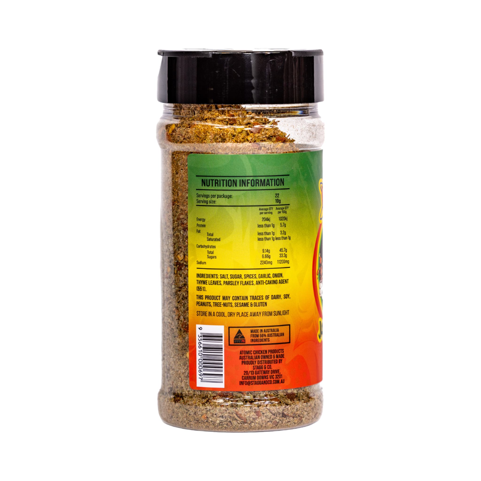 Atomic Chicken Jamaican Jerk Seasoning Rub 220g, side label detail, transparent background