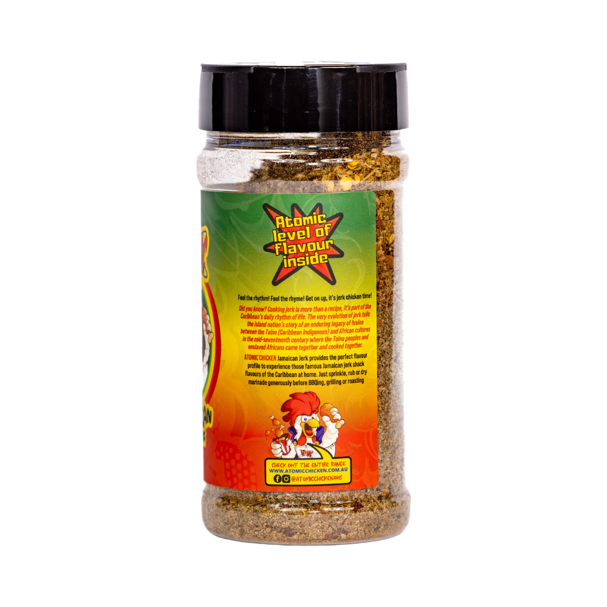 Atomic Chicken Jamaican Jerk Seasoning Rub 220g, ingredients and nutrition panel, transparent background