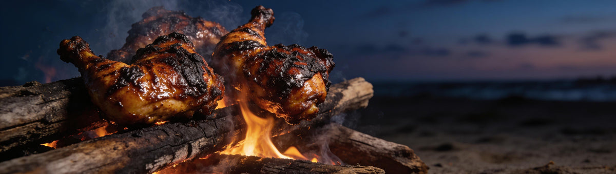 Atomic Chicken Jamaican Jerk Seasoning Rub with charred jerk chicken thighs grilling over a driftwood beach fire at dusk