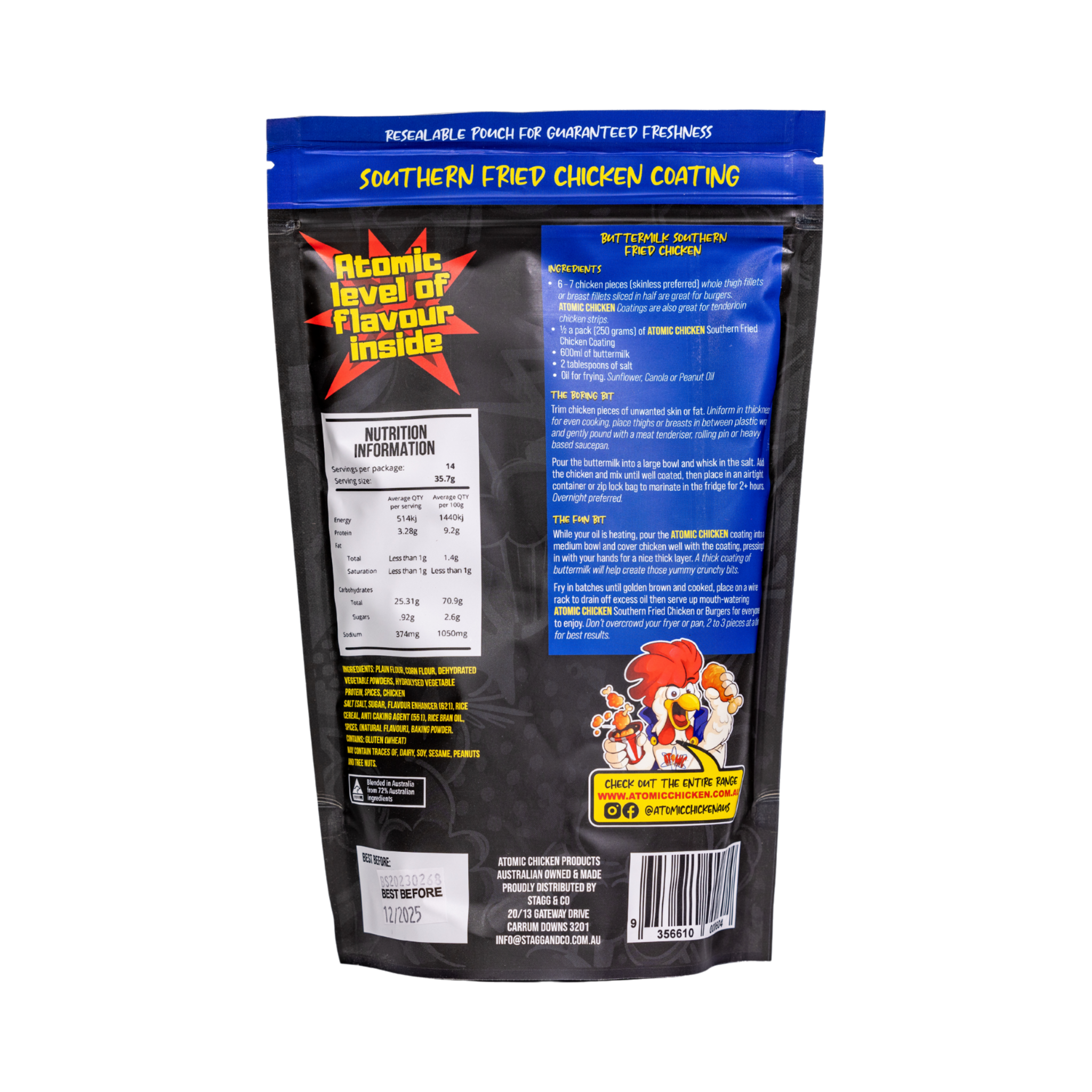 Atomic Chicken Original Southern Fried Chicken Coating 500g, ingredients and nutrition panel, transparent background