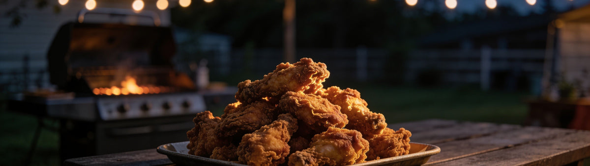 Atomic Chicken Original Southern Fried Chicken Coating with a platter of golden shatter-crisp fried chicken at an evening backyard tailgate