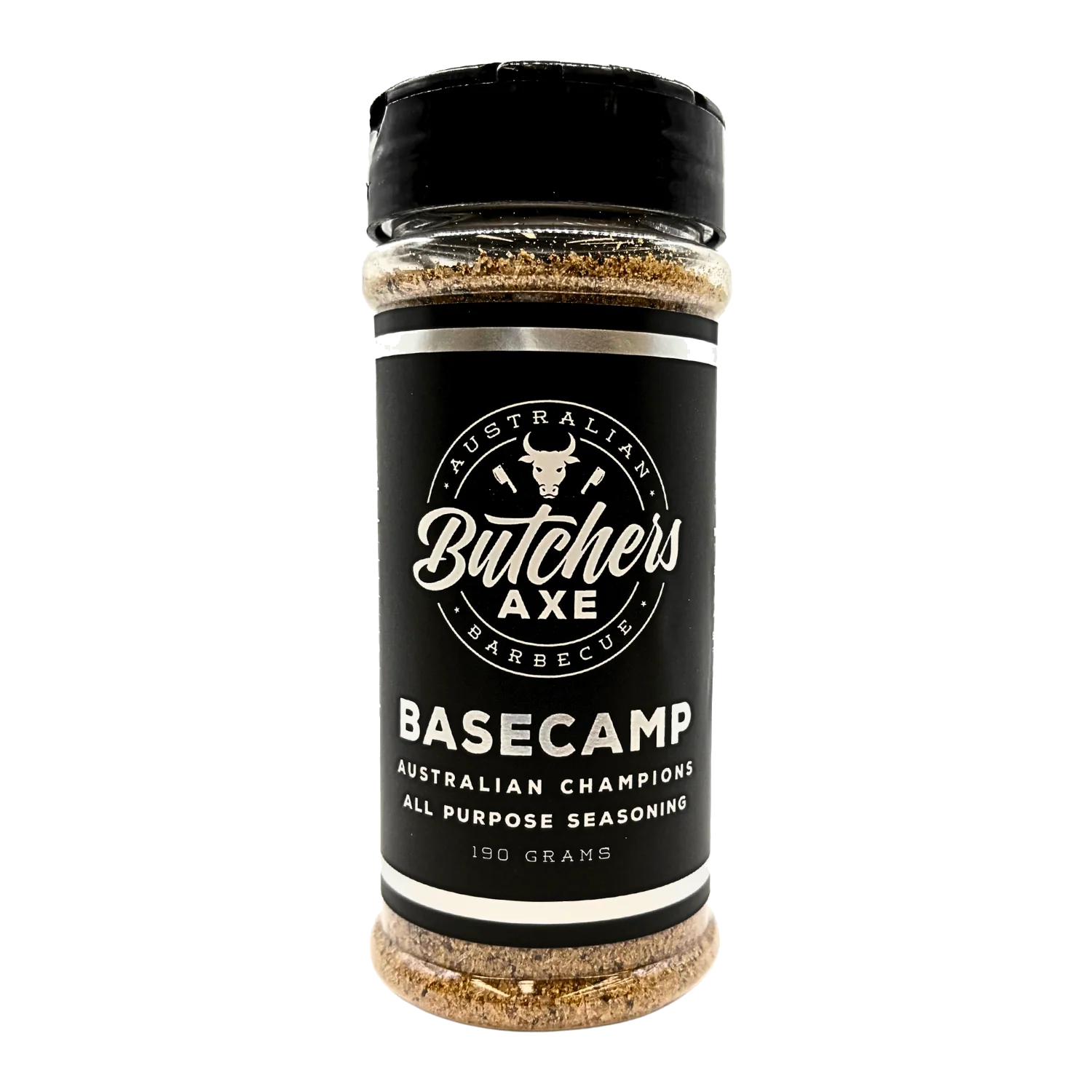 Butchers Axe Basecamp all-purpose seasoning 190g shaker, front label, product only on transparent background